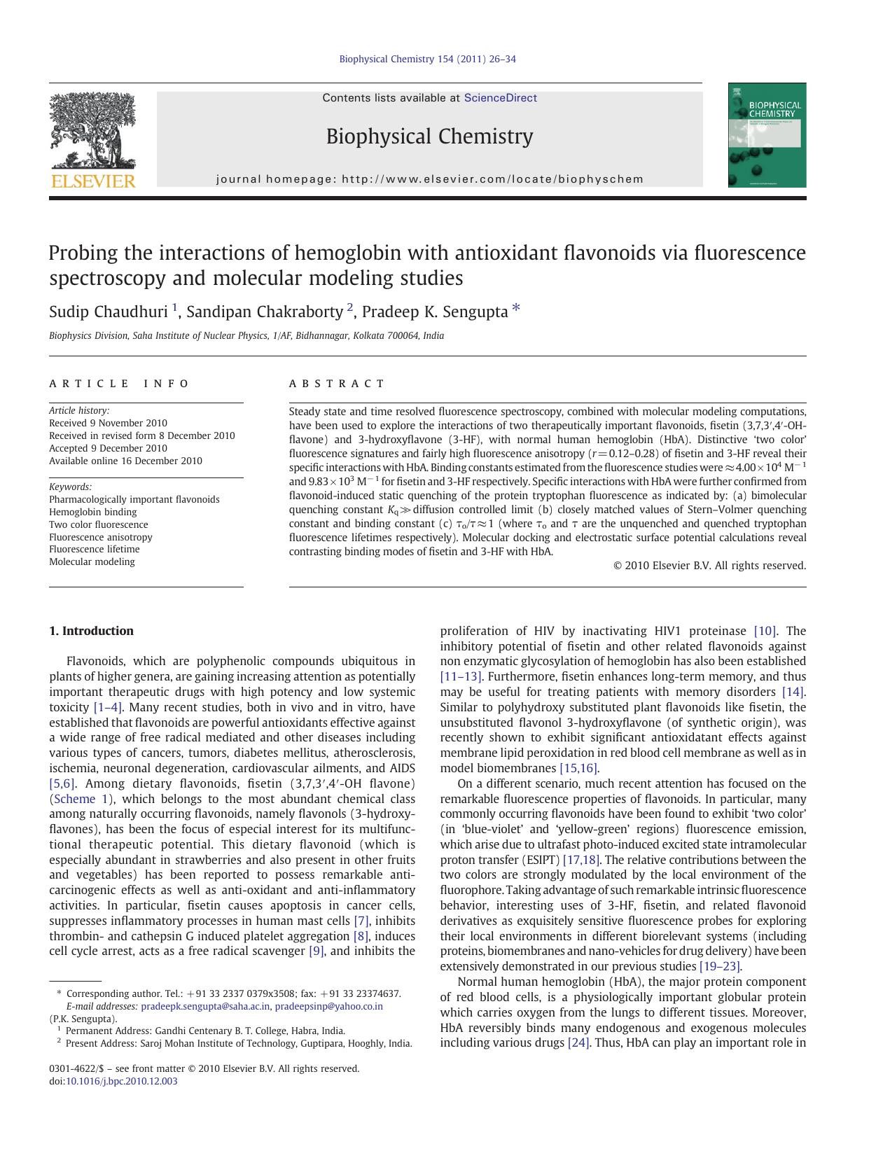 Probing the interactions of hemoglobin with antioxidant flavonoids via fluorescence spectroscopy and molecular modeling studies by Sudip Chaudhuri & Sandipan Chakraborty & Pradeep K. Sengupta