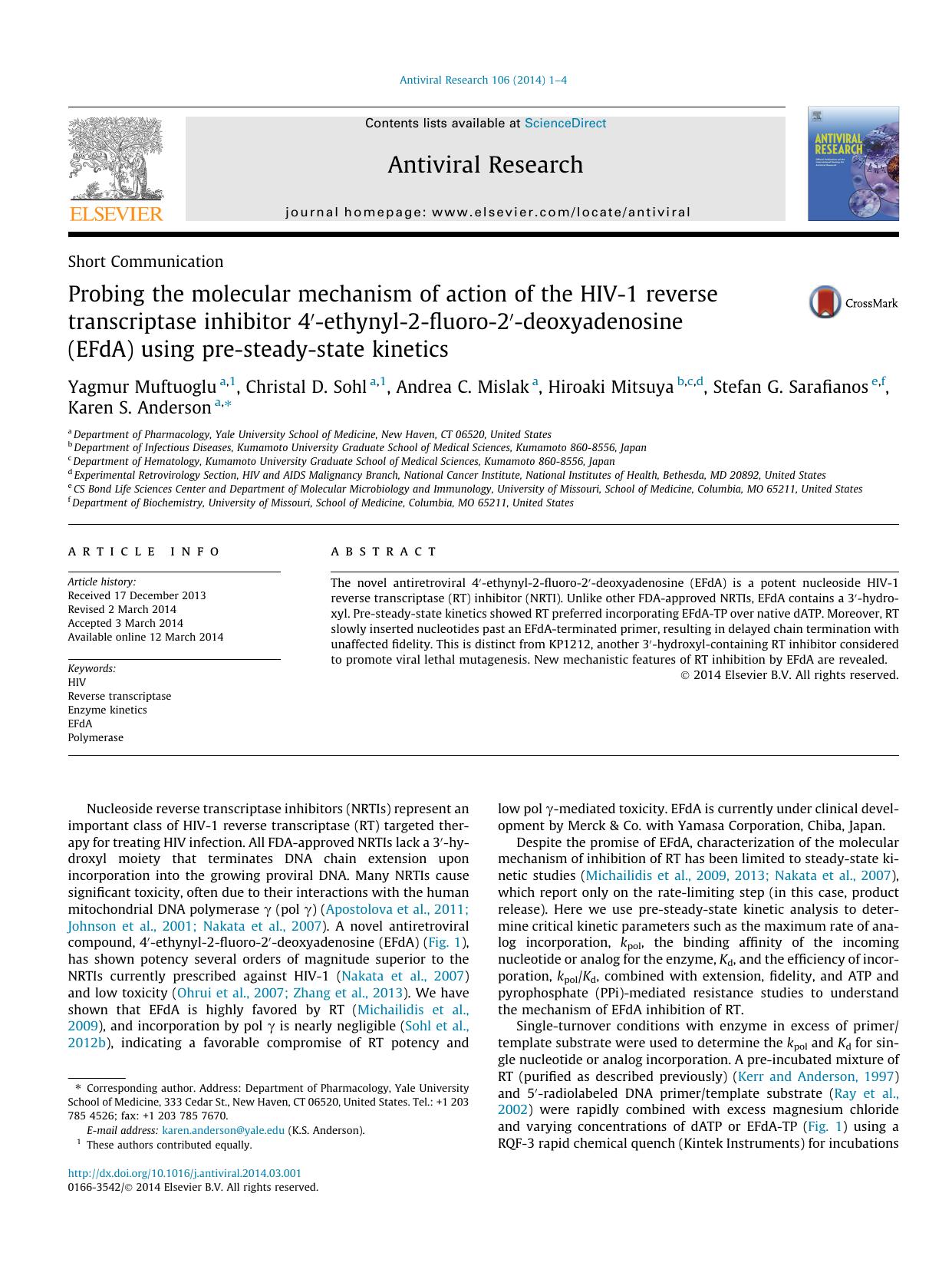 Probing the molecular mechanism of action of the HIV-1 reverse transcriptase inhibitor 4Ã¢â¬Â²-ethynyl-2-fluoro-2Ã¢â¬Â²-deoxyadenosine (EFdA) using pre-steady-state kinetics by unknow
