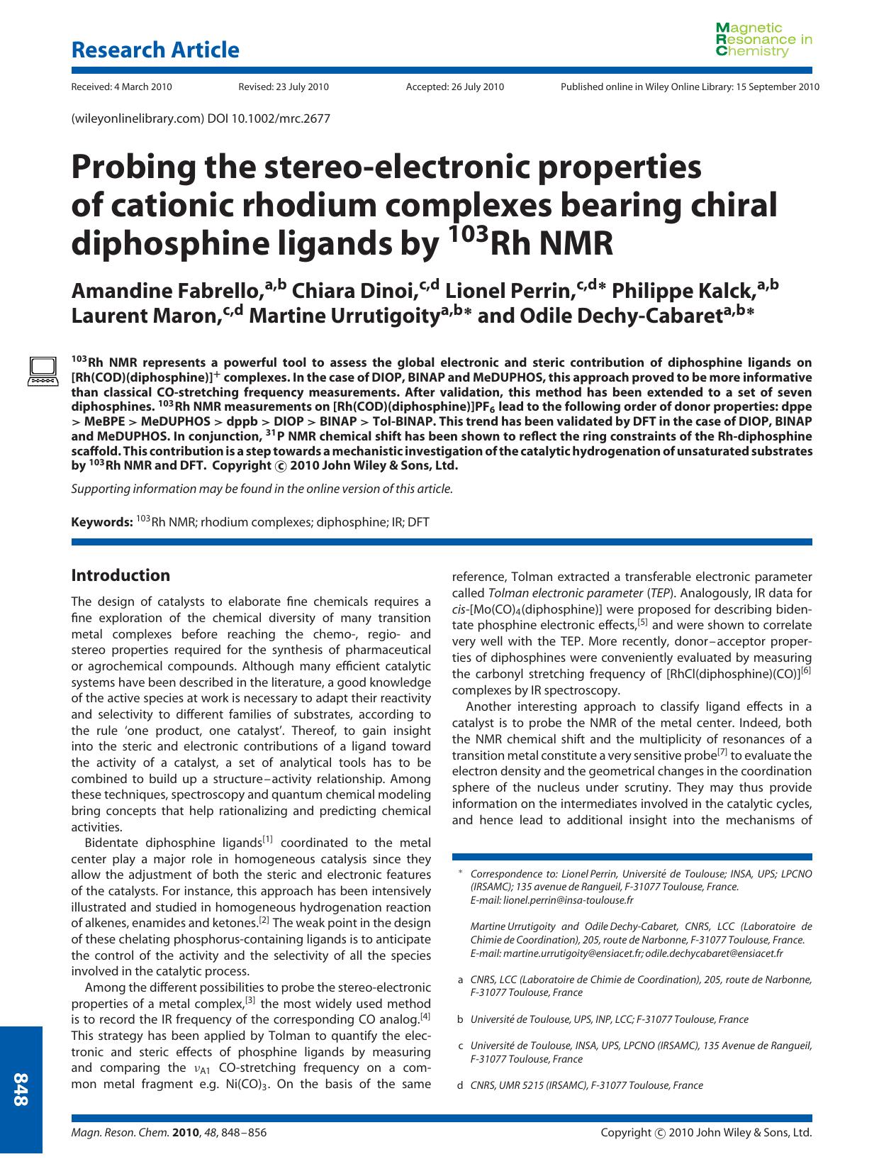 Probing the stereoelectronic properties of cationic rhodium complexes bearing chiral diphosphine ligands by 103Rh NMR by Unknown