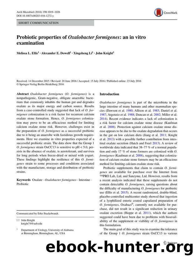 Probiotic properties of Oxalobacter formigenes: an in vitro examination by Melissa L. Ellis & Alexander E. Dowell & Xingsheng Li & John Knight