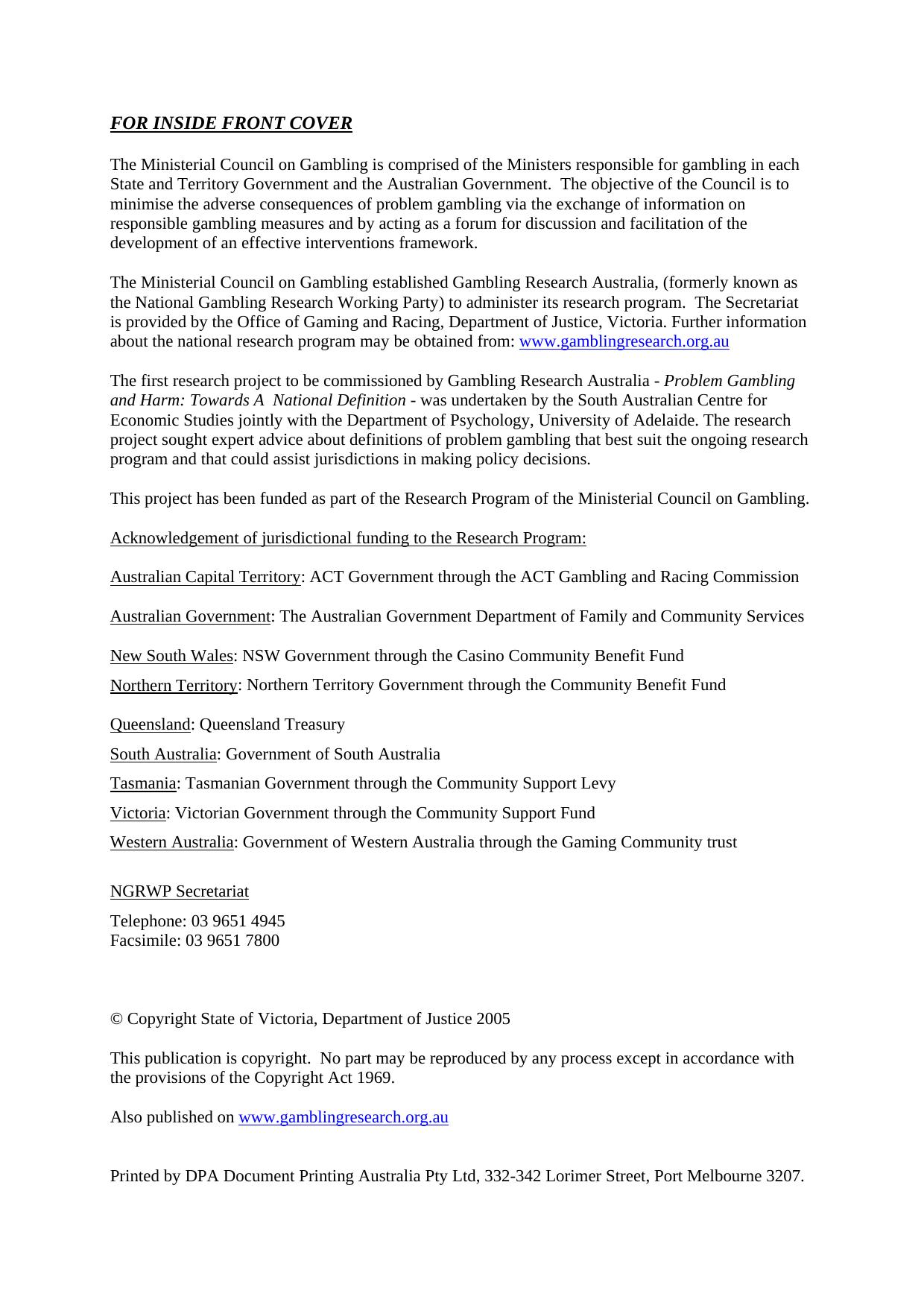 Problem gambling and harm: Towards a National Definition - PDF 1.85M - 193 pgs by SA Centre for Economic Studies and The University of Adelaide