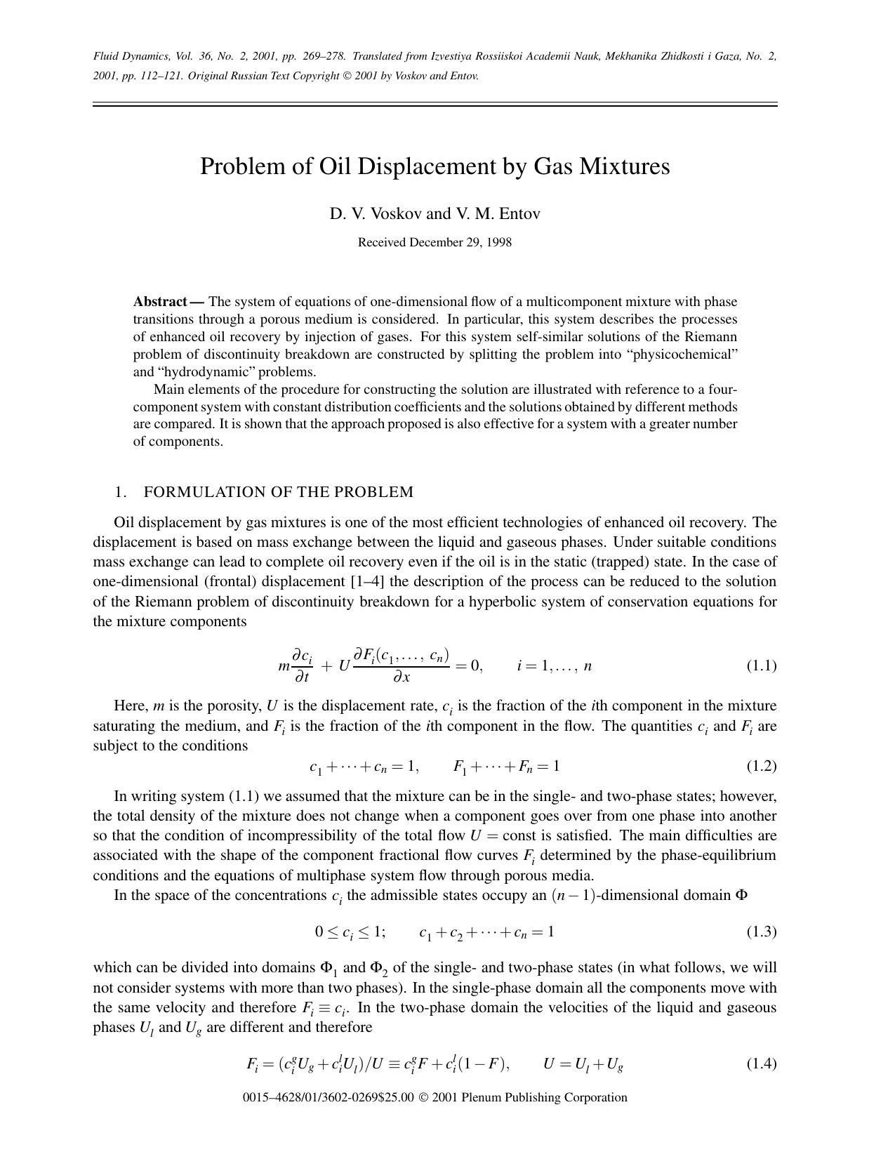 Problem of Oil Displacement by Gas Mixtures by Unknown