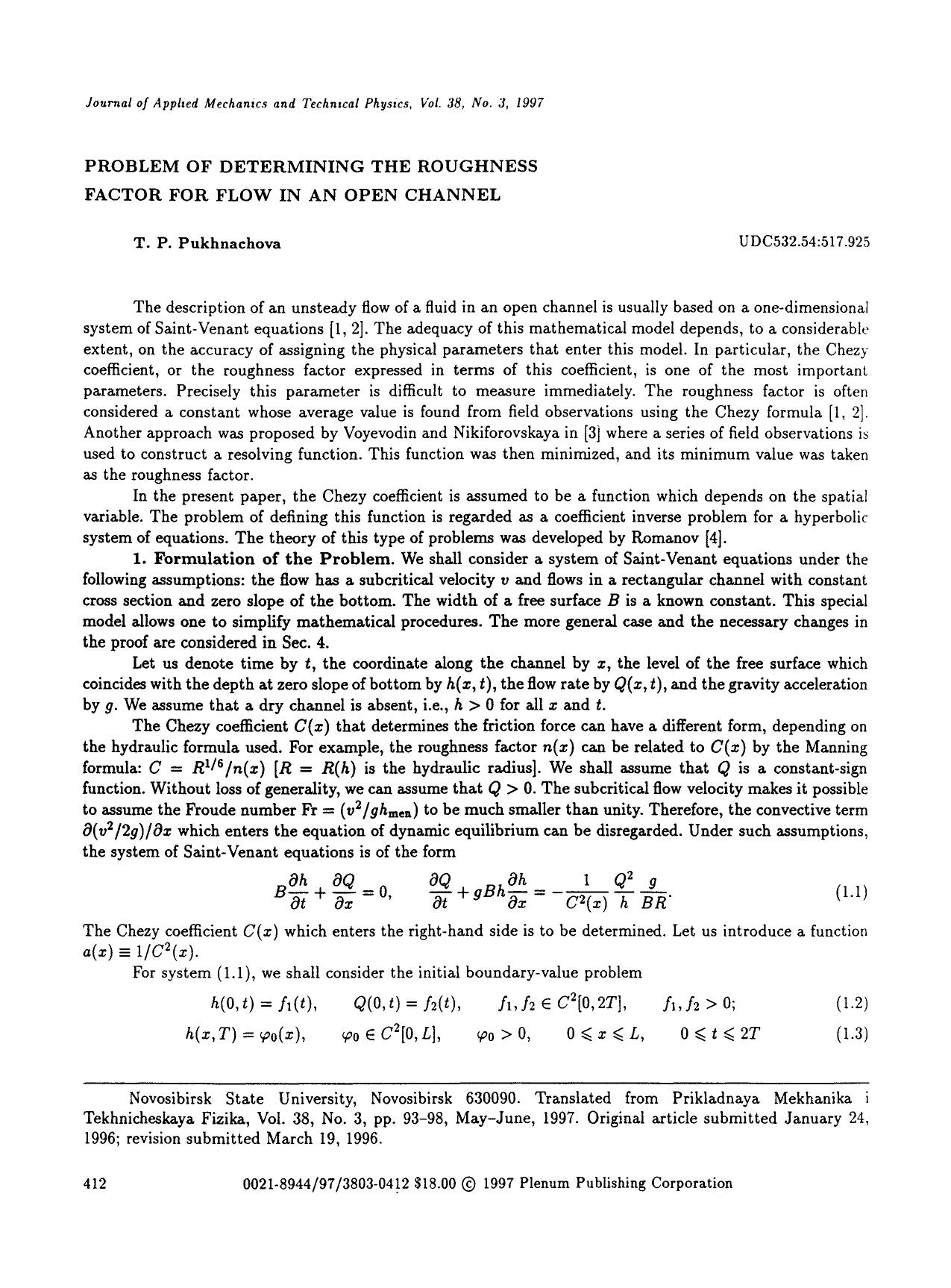Problem of determining the roughness factor for flow in an open channel by Unknown