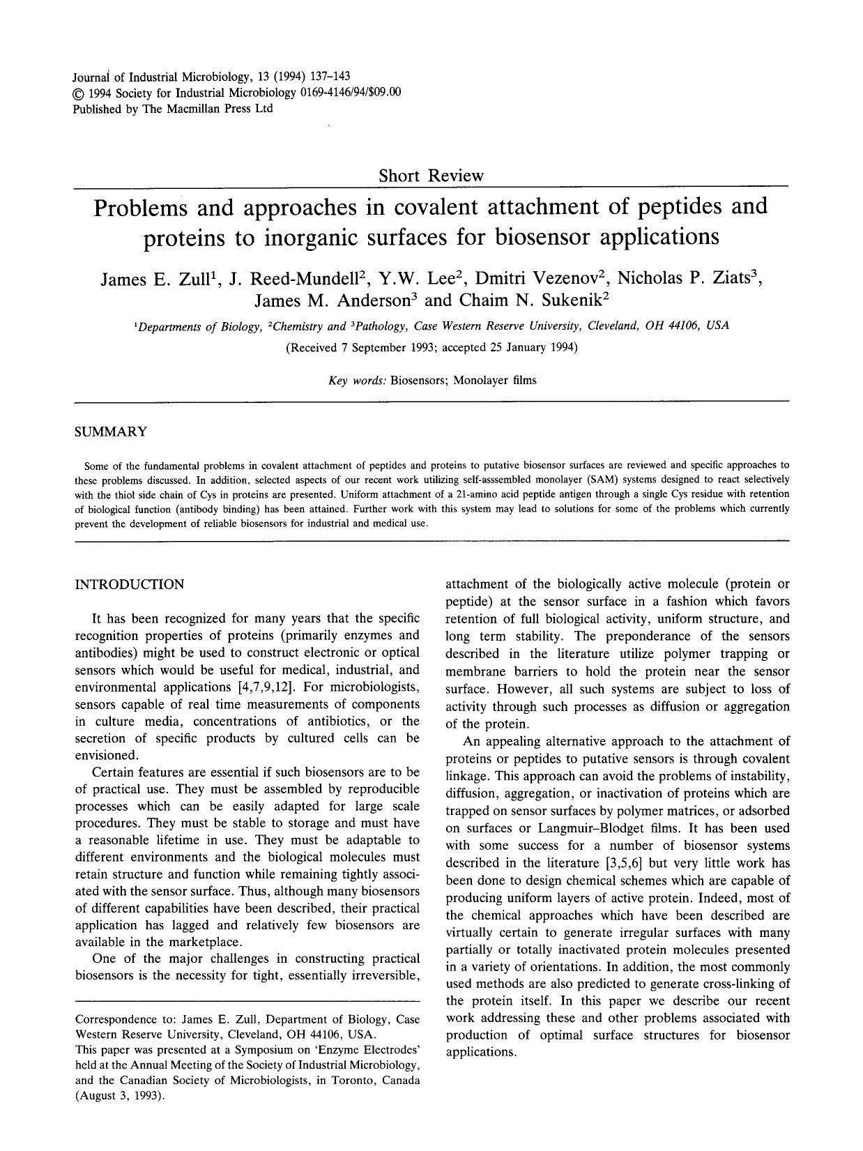 Problems and approaches in covalent attachment of peptides and proteins to inorganic surfaces for biosensor applications by Unknown