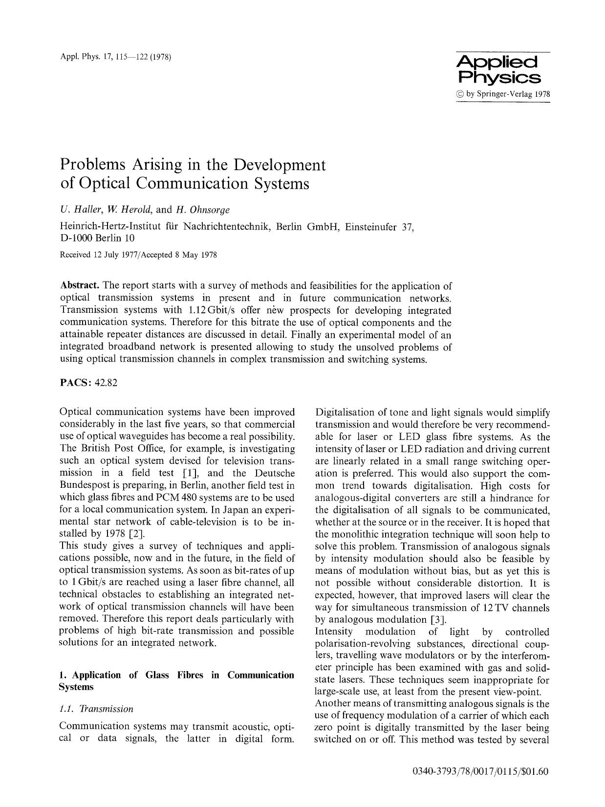 Problems arising in the development of optical communication systems by Unknown