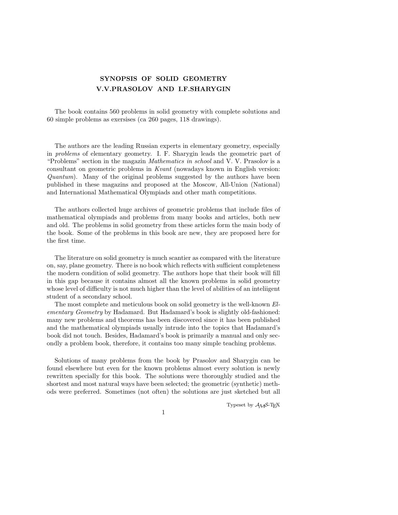Problems in Plane and Solid Geometry v.2 Solid Geometry by V. Prasolov I. Sharygin