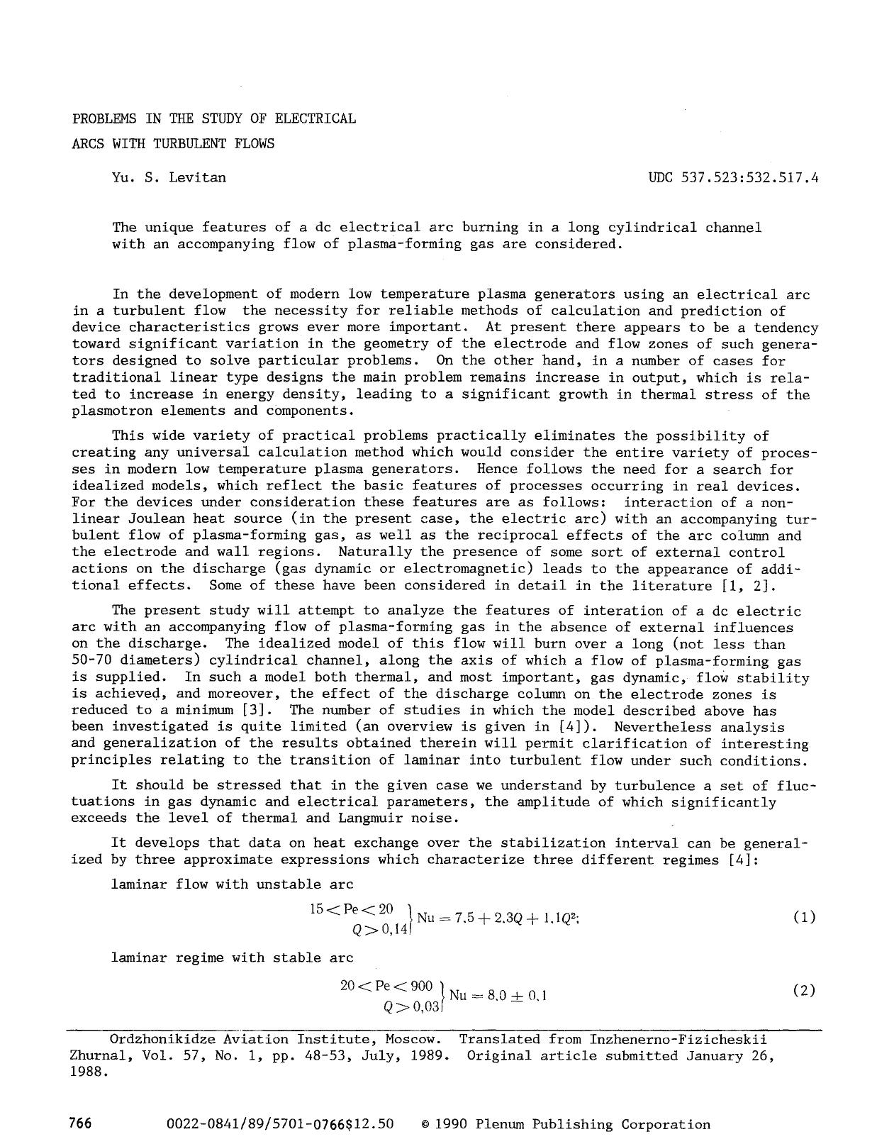 Problems in the study of electrical arcs with turbulent flows by Unknown