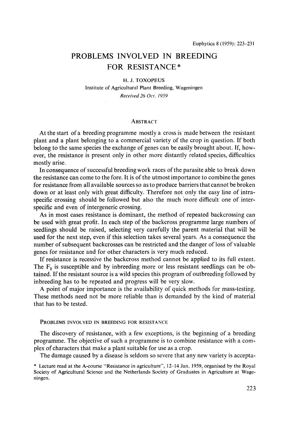 Problems involved in breeding for resistance by Unknown