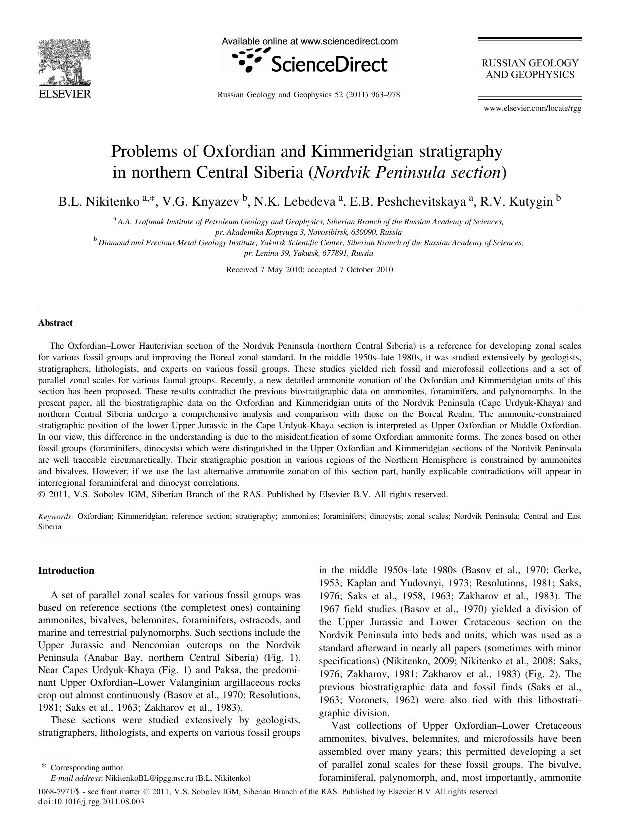 Problems of Oxfordian and Kimmeridgian stratigraphy in northern Central Siberia (Nordvik Peninsula section) by B.L. Nikitenko & V.G. Knyazev & N.K. Lebedeva & E.B. Peshchevitskaya & R.V. Kutygin