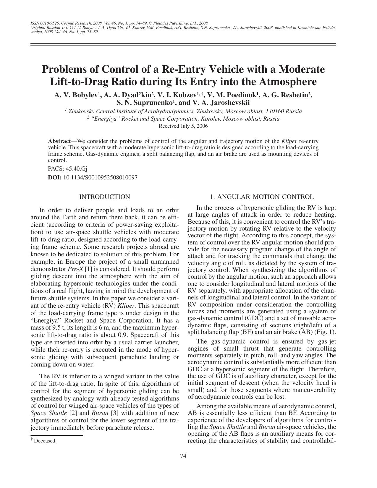 Problems of control of a re-entry vehicle with a moderate lift-to-drag ratio during its entry into the atmosphere by Unknown
