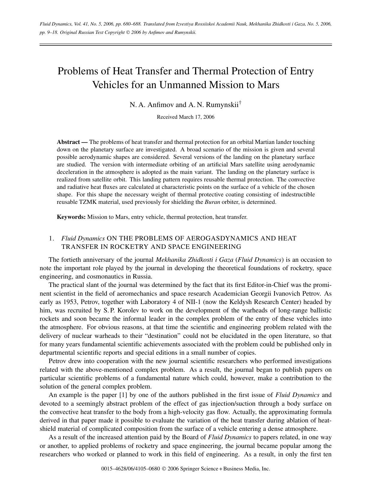 Problems of heat transfer and thermal protection of entry vehicles for an unmanned mission to mars by Unknown