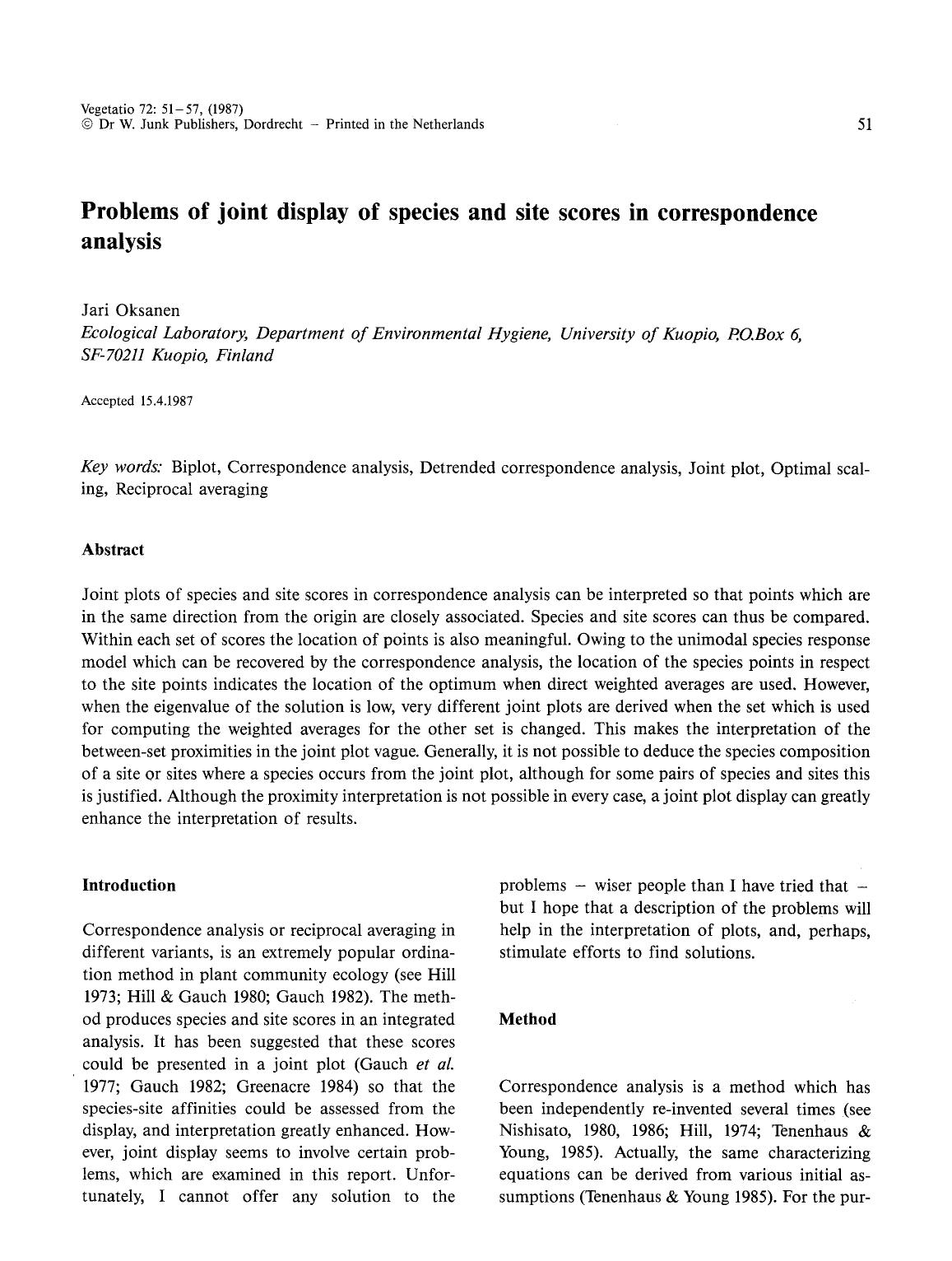 Problems of joint display of species and site scores in correspondence analysis by Unknown