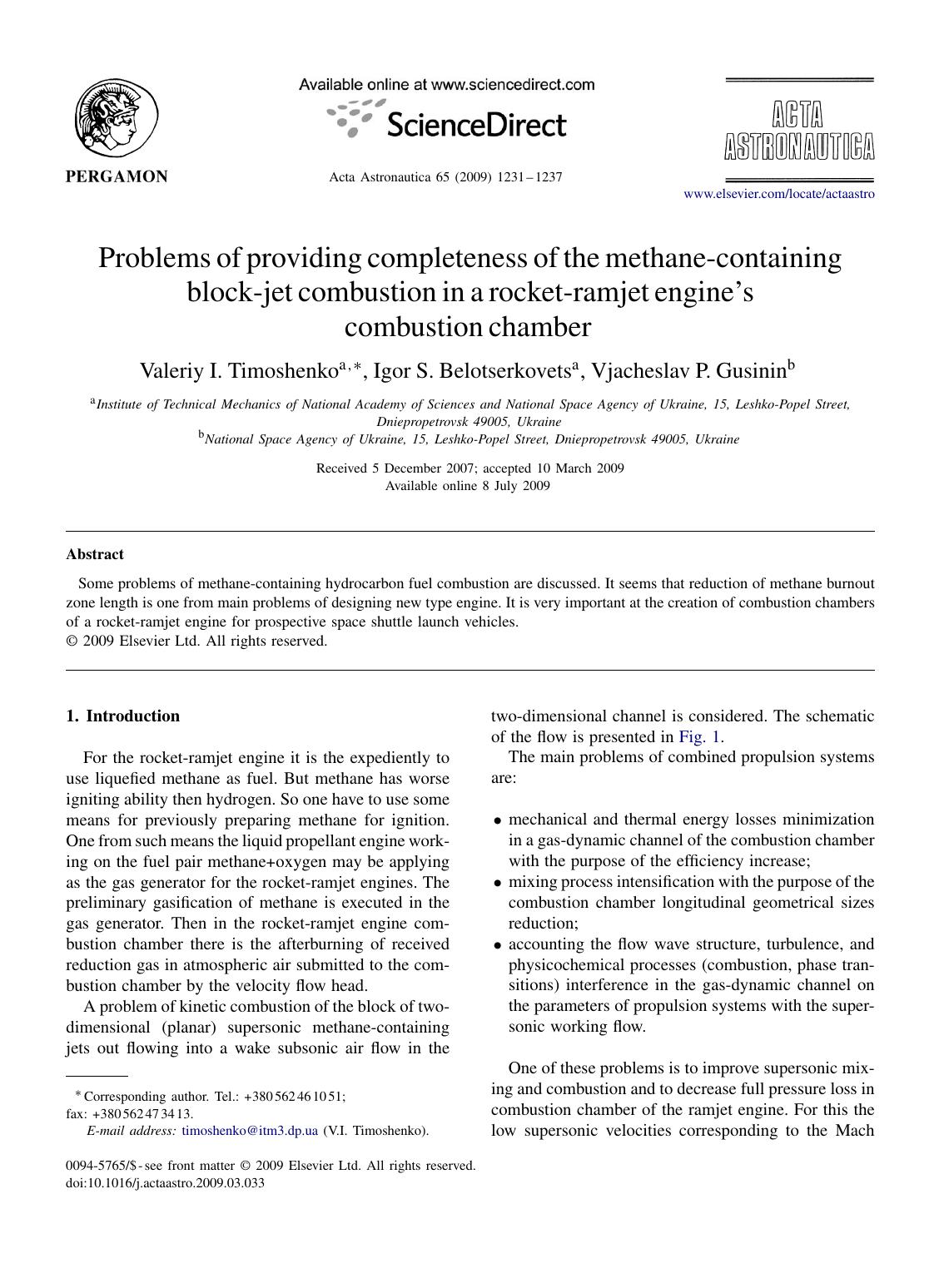Problems of providing completeness of the methane-containing block-jet combustion in a rocket-ramjet engine's combustion chamber by Valeriy I. Timoshenko; Igor S. Belotserkovets; Vjacheslav P. Gusinin