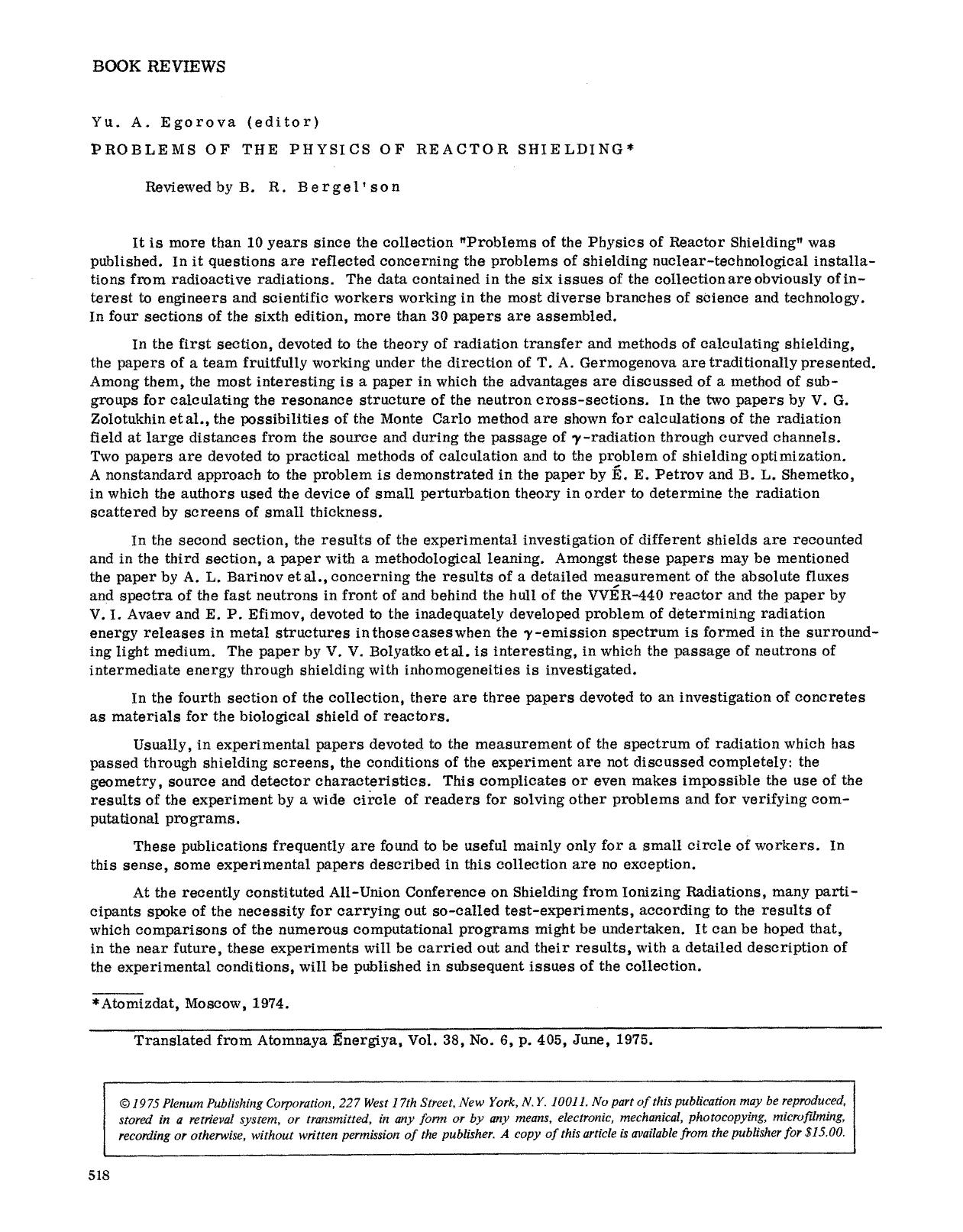 Problems of the Physics of Reactor Shielding by Unknown