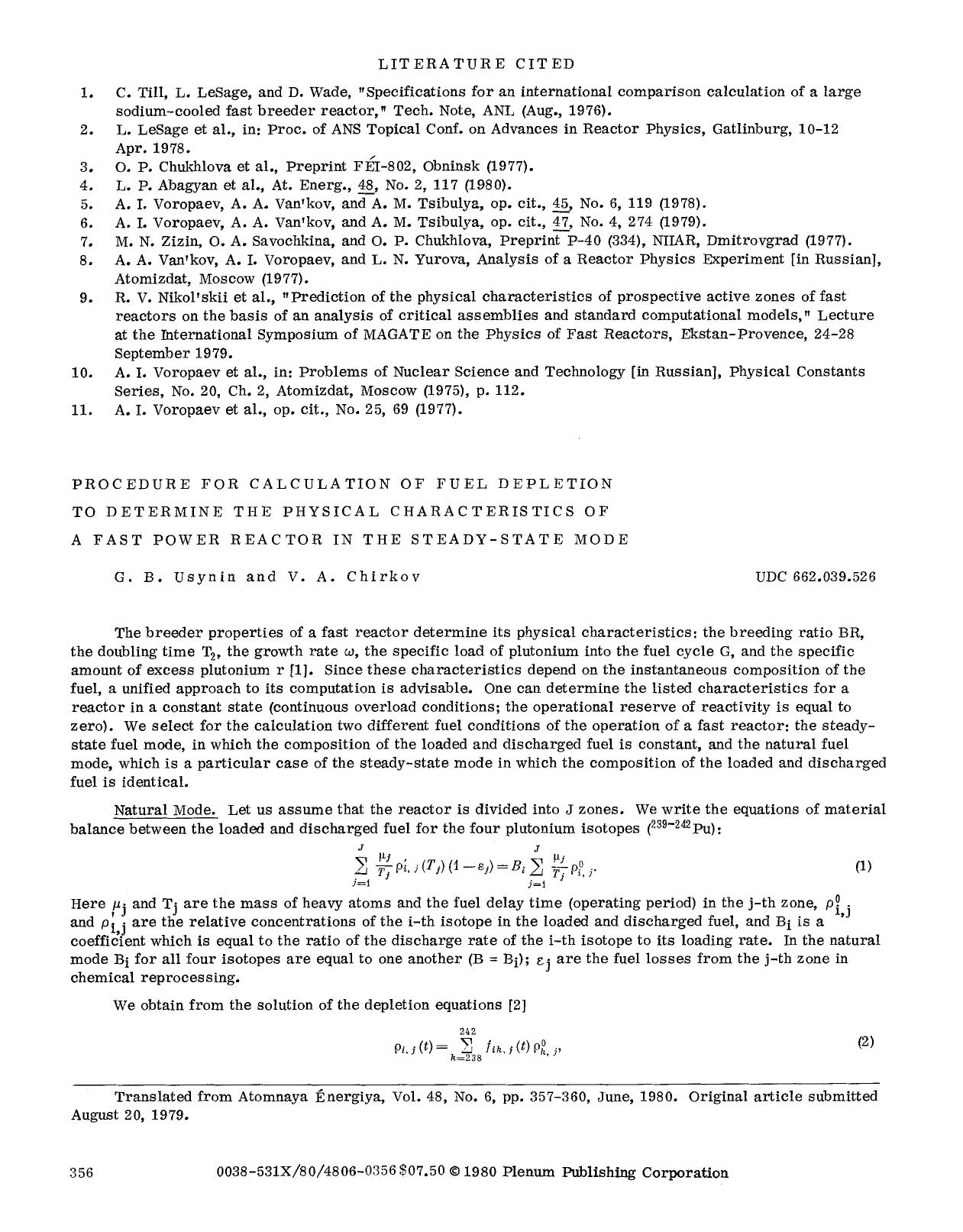 Procedure for calculation of fuel depletion to determine the physical characteristics of a fast power reactor in the steady-state mode by Unknown