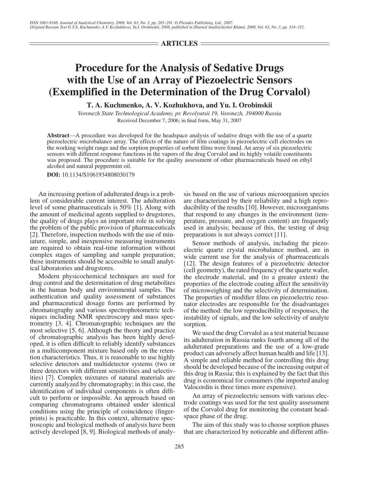 Procedure for the analysis of sedative drugs with the use of an array of piezoelectric sensors (Exemplified in the determination of the drug Corvalol) by Unknown