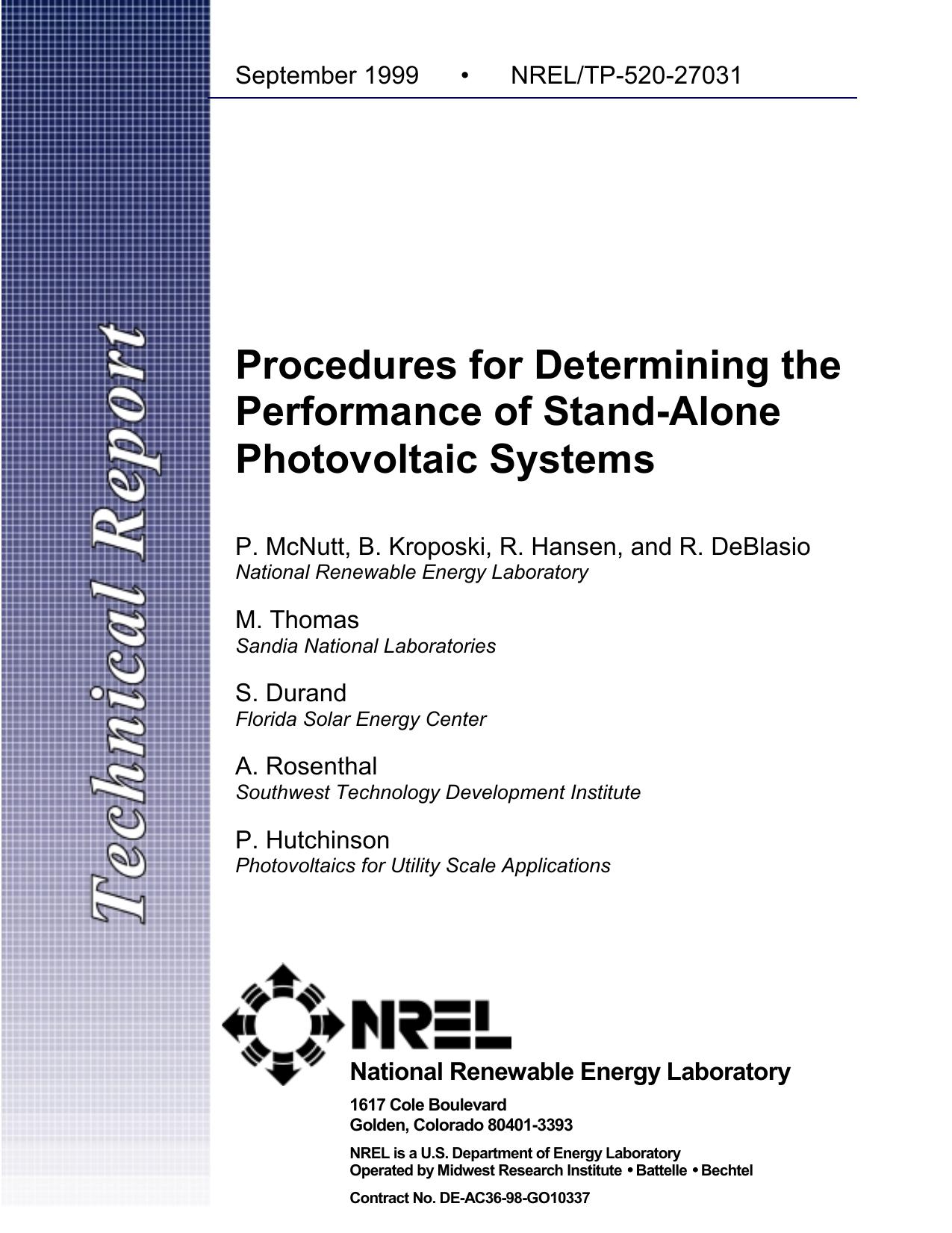 Procedures for determining the performance of stand-alone photovoltaic systems by Peter F McNutt; National Renewable Energy Laboratory (U.S.); et al