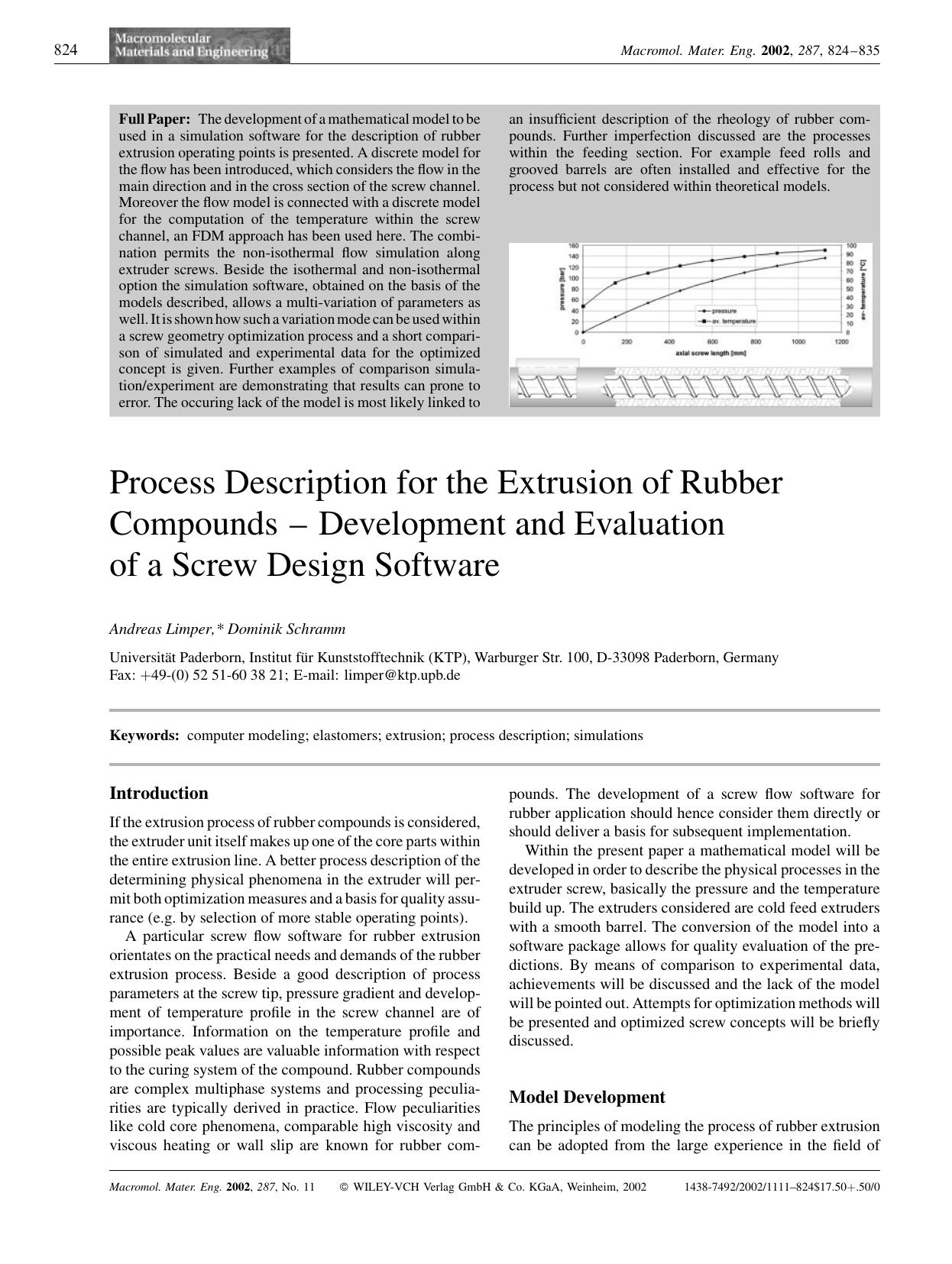 Process Description for the Extrusion of Rubber Compounds - Development and Evaluation of a Screw Design Software by Unknown