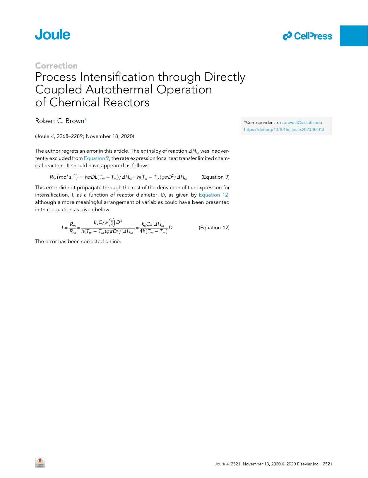 Process Intensification through Directly Coupled Autothermal Operation of Chemical Reactors by Robert C. Brown