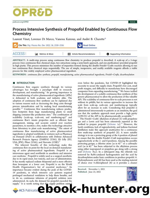 Process Intensive Synthesis of Propofol Enabled by Continuous Flow Chemistry by Laurent Vinet Lorenzo Di Marco Vanessa Kairouz and André B. Charette