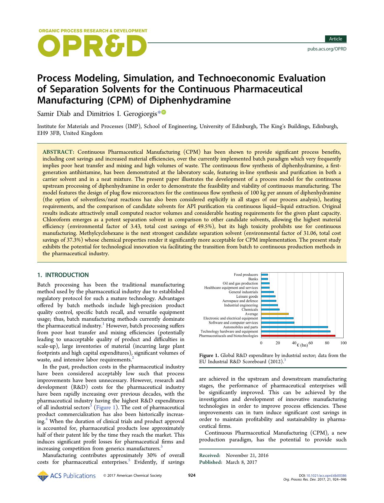 Process Modeling, Simulation, and Technoeconomic Evaluation of Separation Solvents for the Continuous Pharmaceutical Manufacturing (CPM) of Diphenhydramine by Samir Diab & Dimitrios I. Gerogiorgis