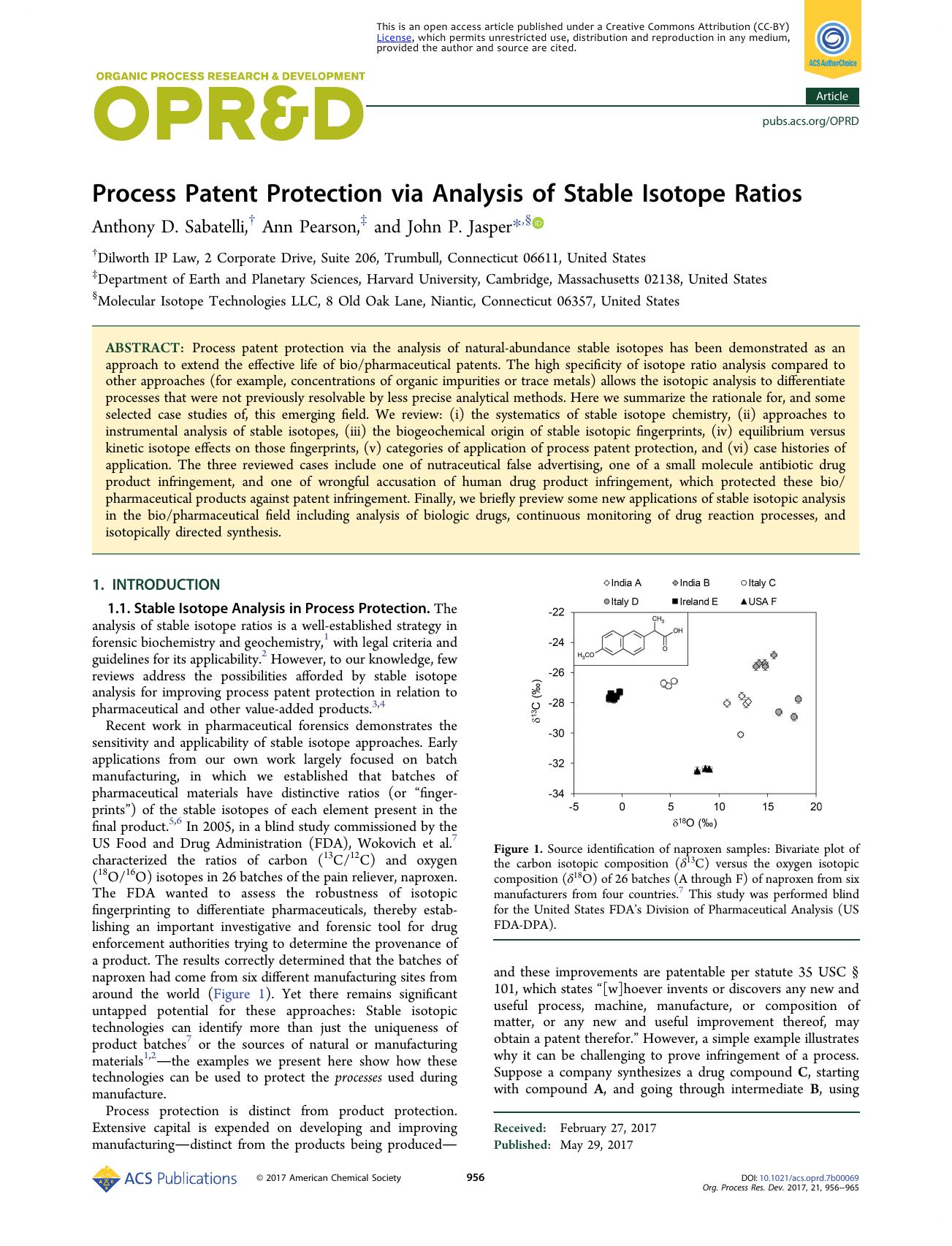 Process Patent Protection via Analysis of Stable Isotope Ratios by Anthony D. Sabatelli Ann Pearson & John P. Jasper