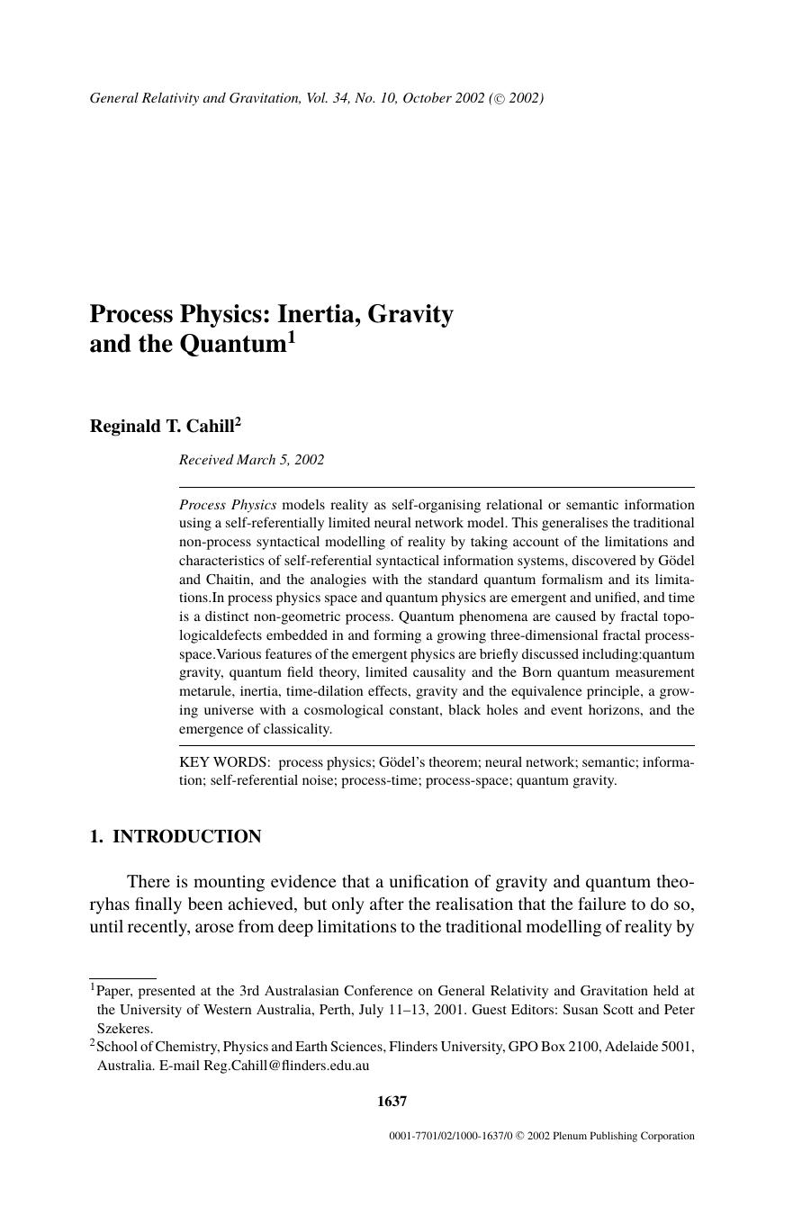 Process Physics: Inertia, Gravity and the Quantum by Unknown