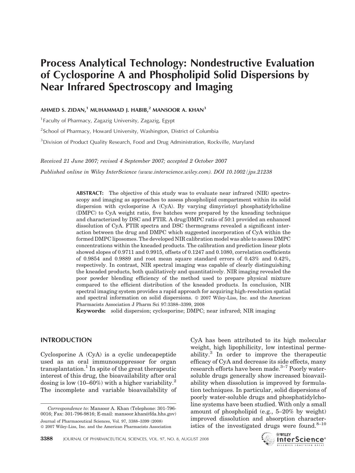 Process analytical technology: Nondestructive evaluation of cyclosporine A and phospholipid solid dispersions by near infrared spectroscopy and imaging by Unknown