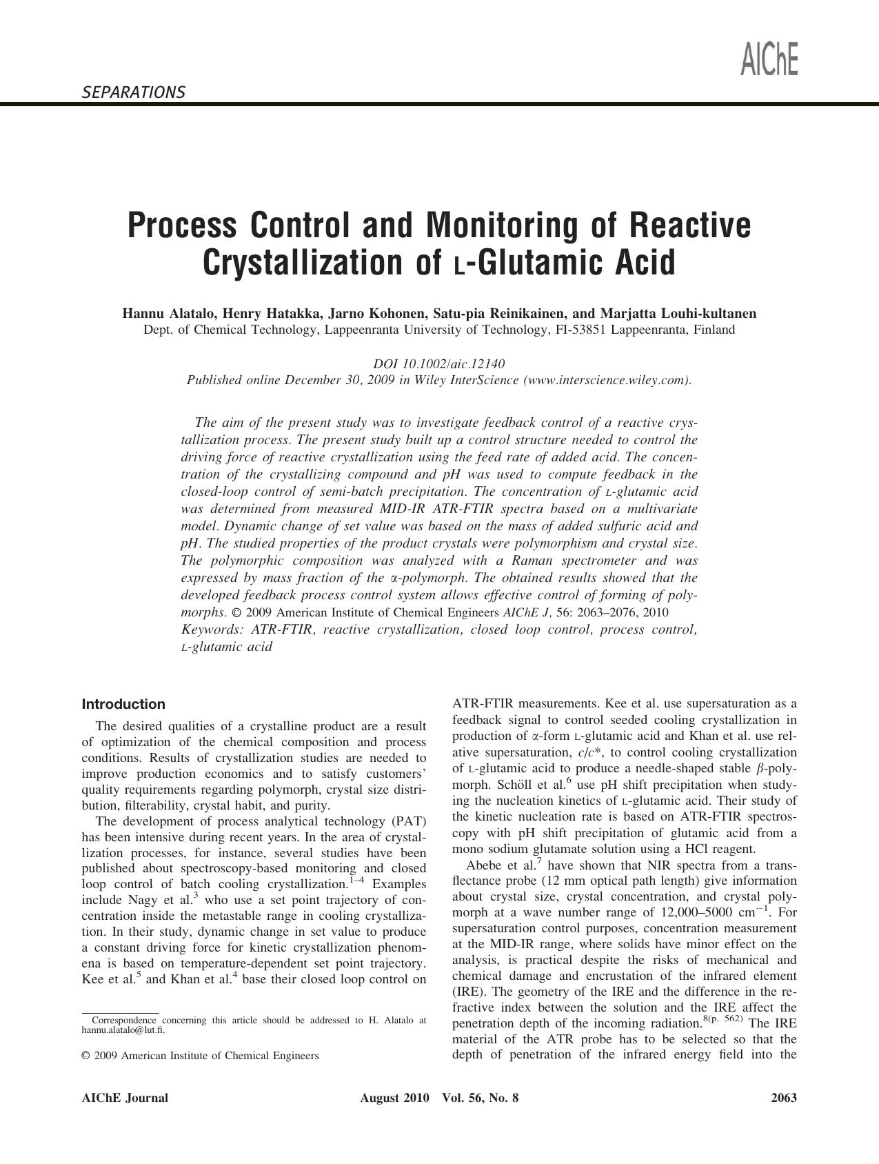 Process control and monitoring of reactive crystallization of L-glutamic acid by Unknown