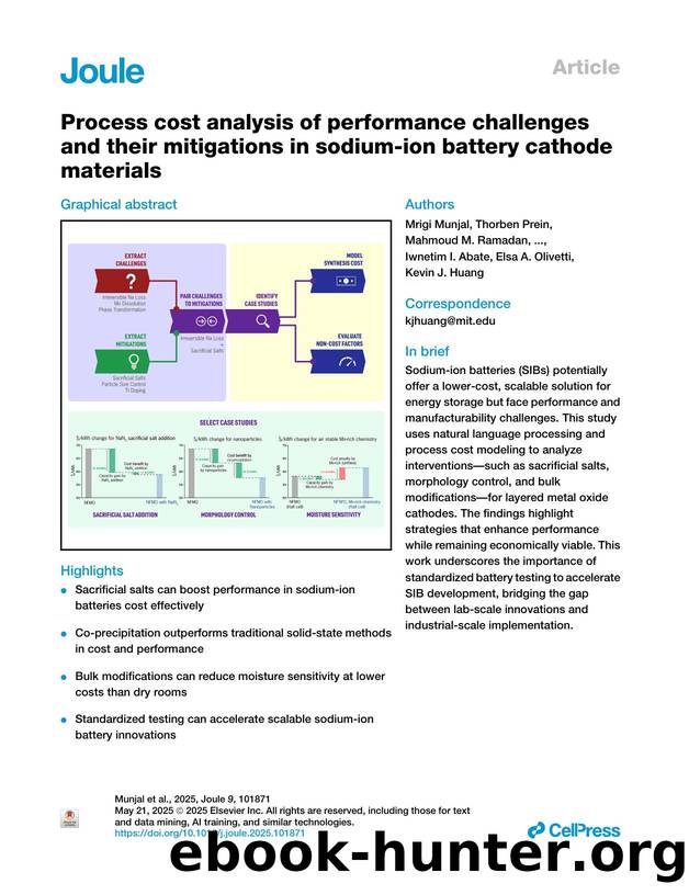 Process cost analysis of performance challenges and their mitigations in sodium-ion battery cathode materials by unknow