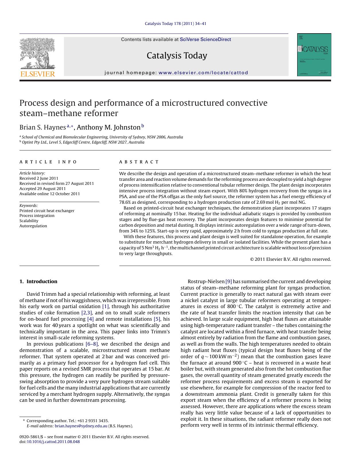 Process design and performance of a microstructured convective steamÃ¢â¬âmethane reformer by Brian S. Haynes