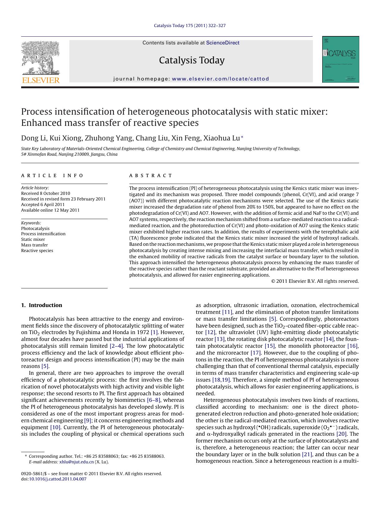 Process intensification of heterogeneous photocatalysis with static mixer: Enhanced mass transfer of reactive species by Dong Li