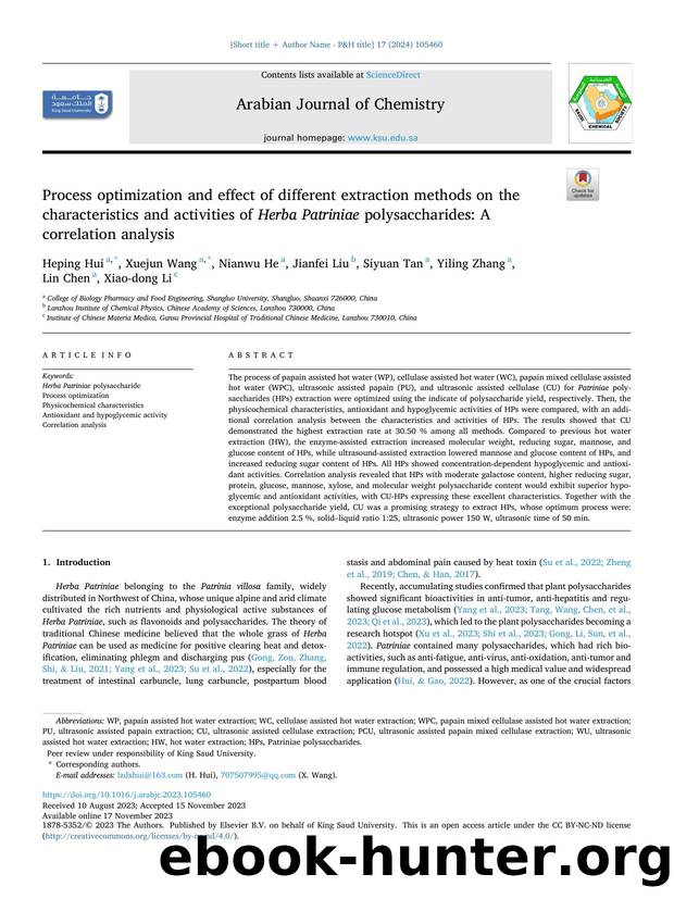 Process optimization and effect of different extraction methods on the characteristics and activities of Herba Patriniae polysaccharides: A correlation analysis by Heping Hui