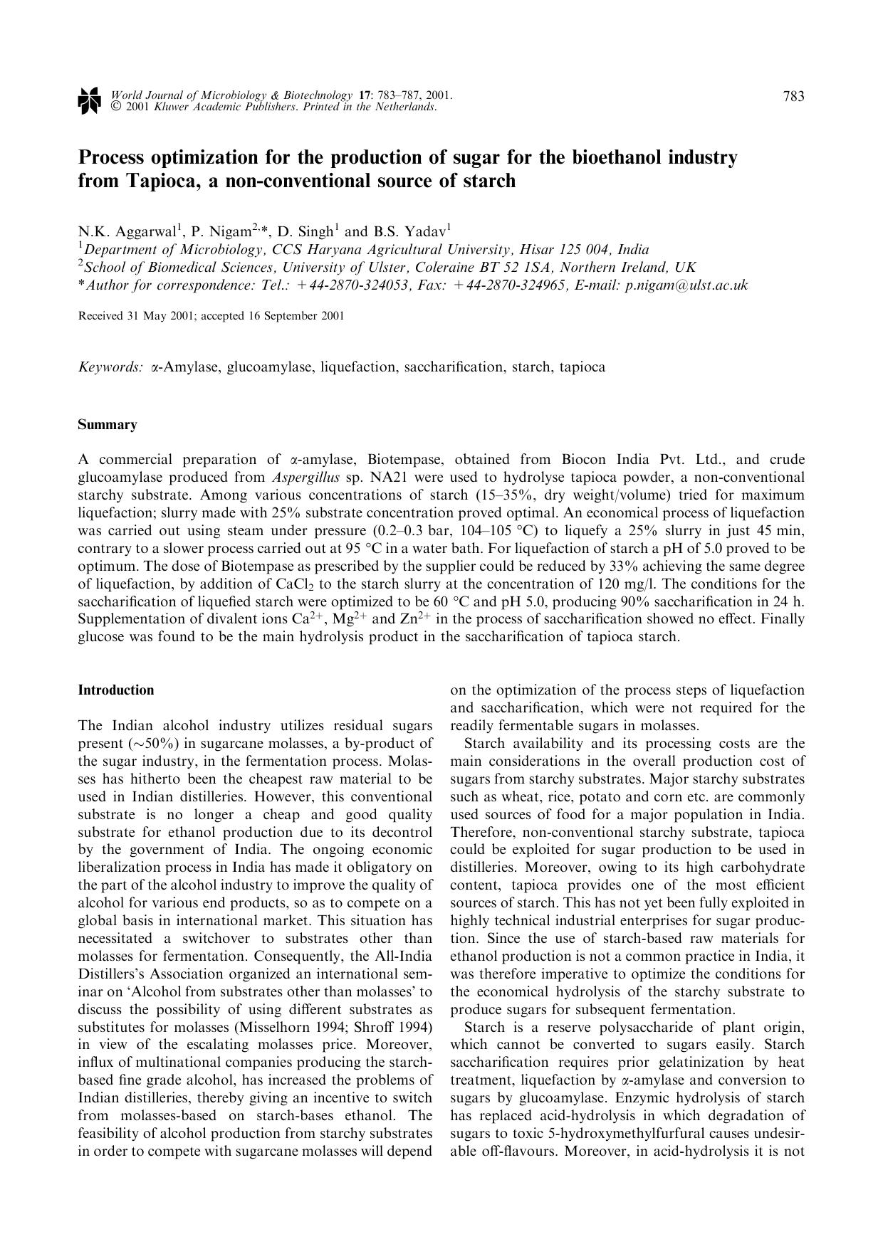 Process optimization for the production of sugar for the bioethanol industry from Tapioca, a non-conventional source of starch by Unknown