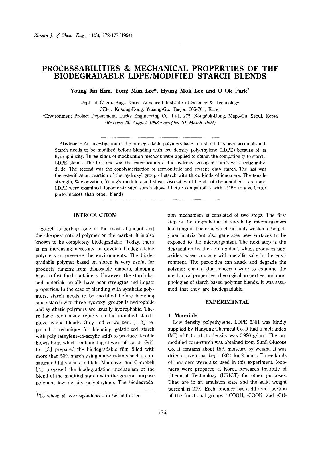Processabilities &amp; mechanical properties of the biodegradable LDPEmodified starch blends by Unknown