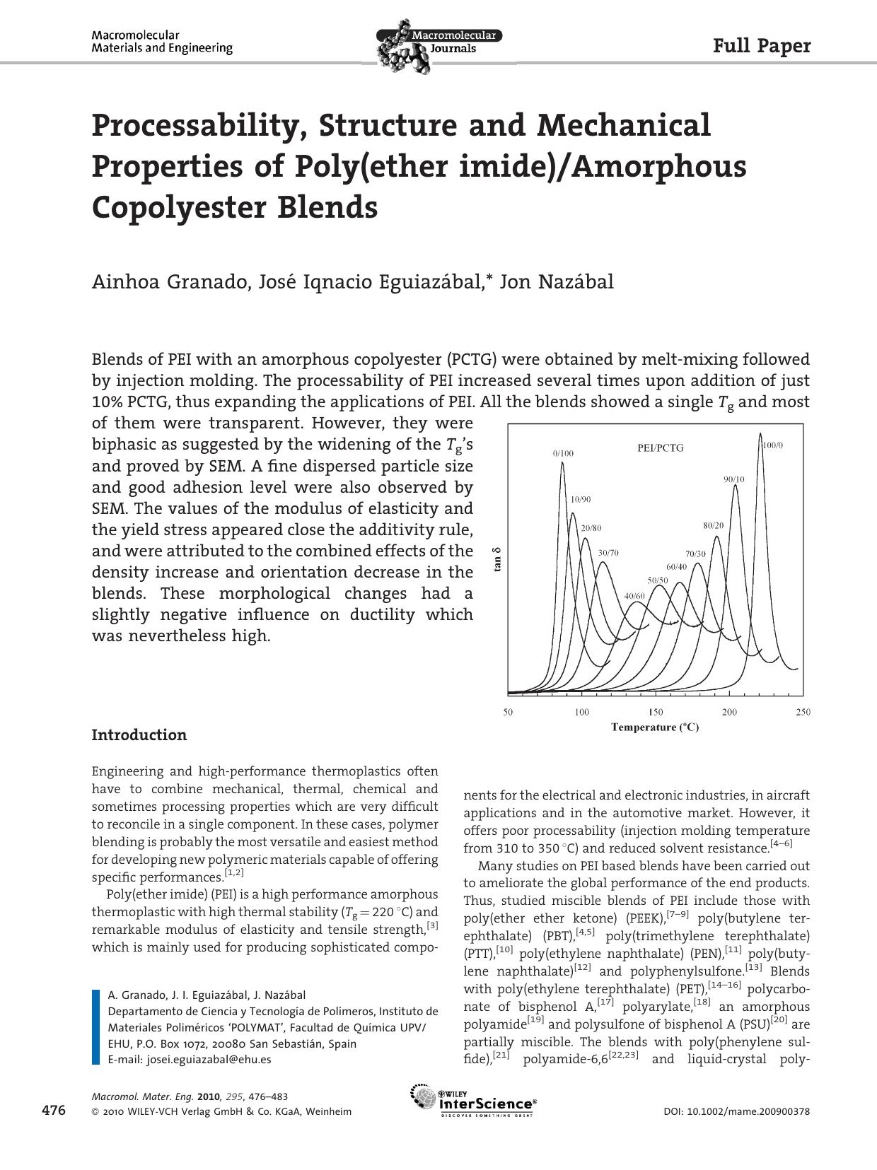 Processability, Structure and Mechanical Properties of Poly(ether imide)Amorphous Copolyester Blends by Unknown