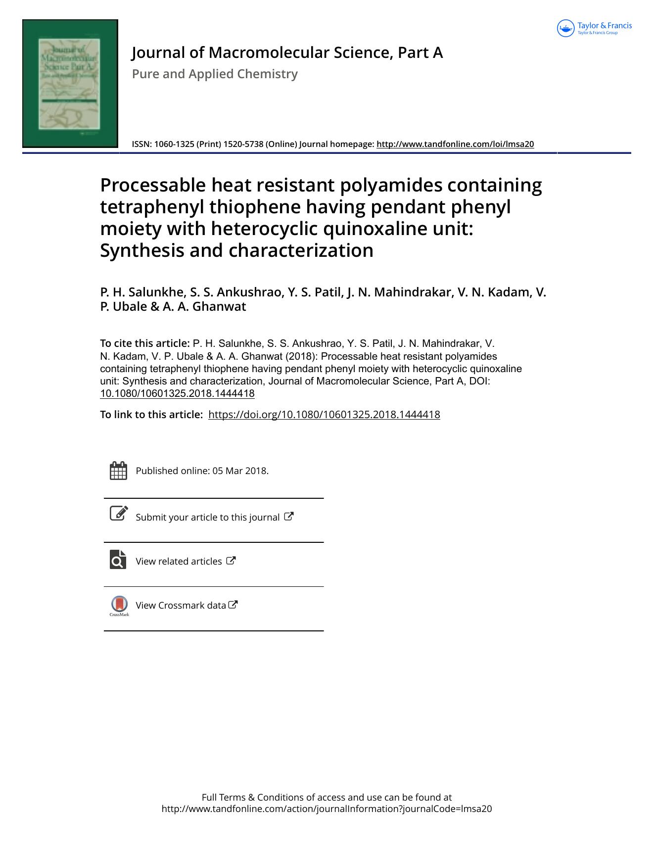 Processable heat resistant polyamides containing tetraphenyl thiophene having pendant phenyl moiety with heterocyclic quinoxaline unit: Synthesis and characterization by unknow