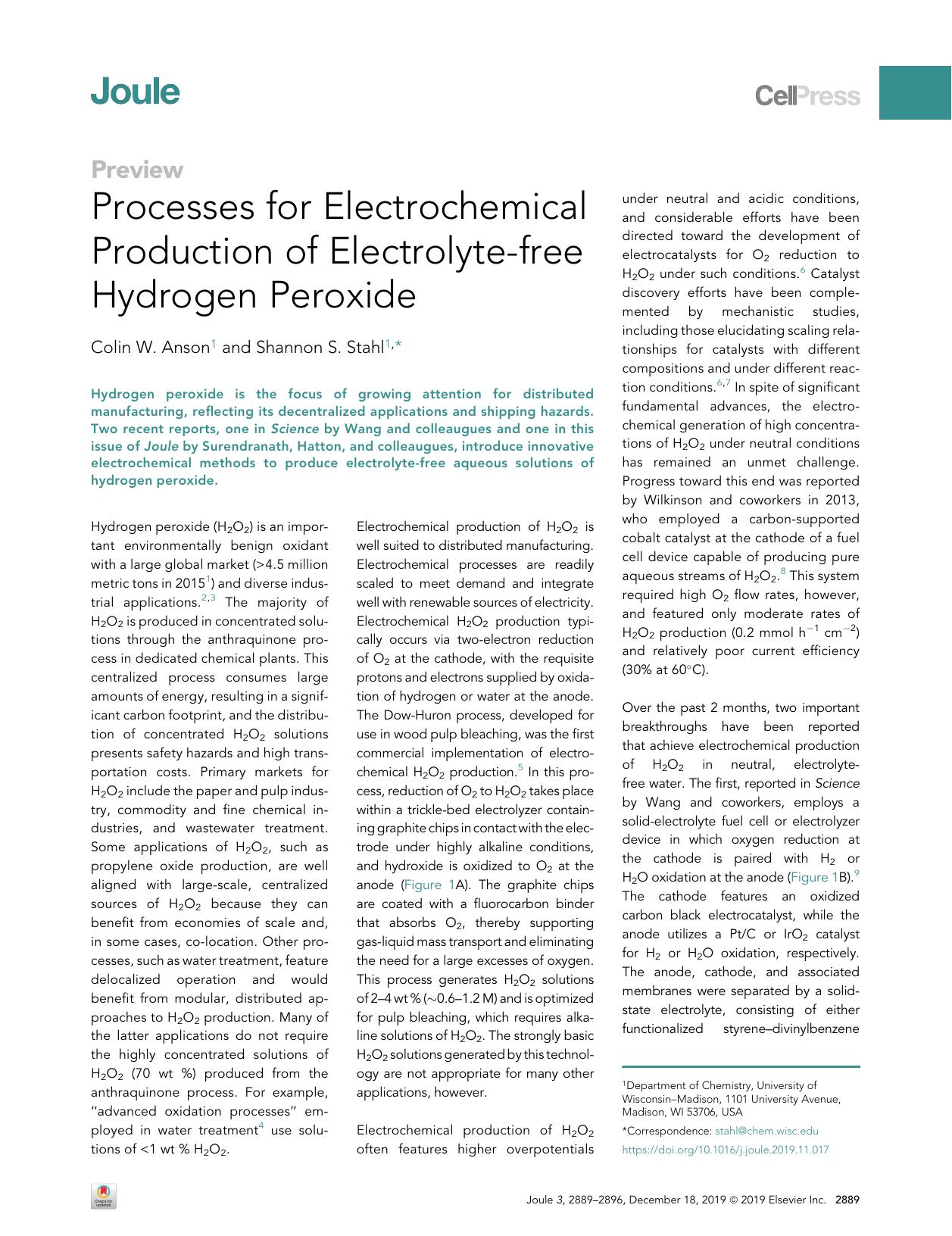 Processes for Electrochemical Production of Electrolyte-free Hydrogen Peroxide by Colin W. Anson & Shannon S. Stahl