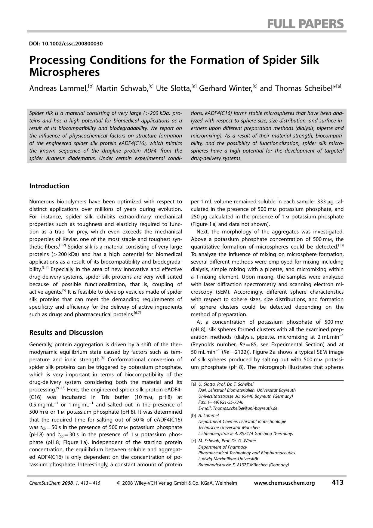 Processing Conditions for the Formation of Spider Silk Microspheres by Unknown