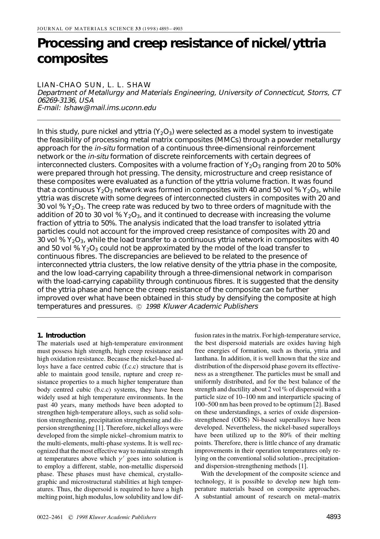 Processing and Creep Resistance of NickelYttria Composites by Unknown