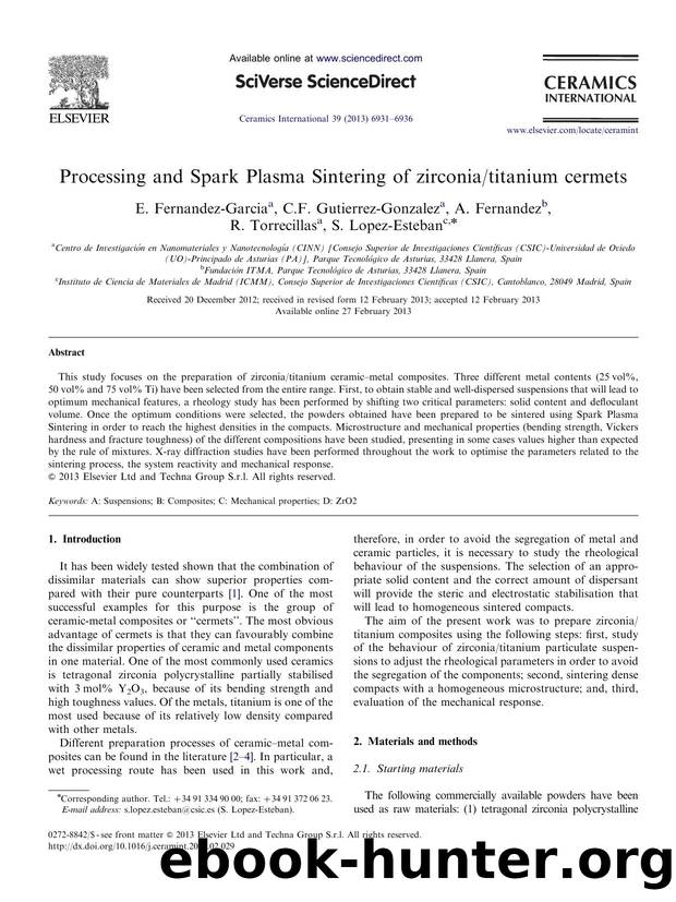 Processing and Spark Plasma Sintering of zirconiatitanium cermets by E. Fernandez-Garcia & C.F. Gutierrez-Gonzalez & A. Fernandez & R. Torrecillas & S. Lopez-Esteban