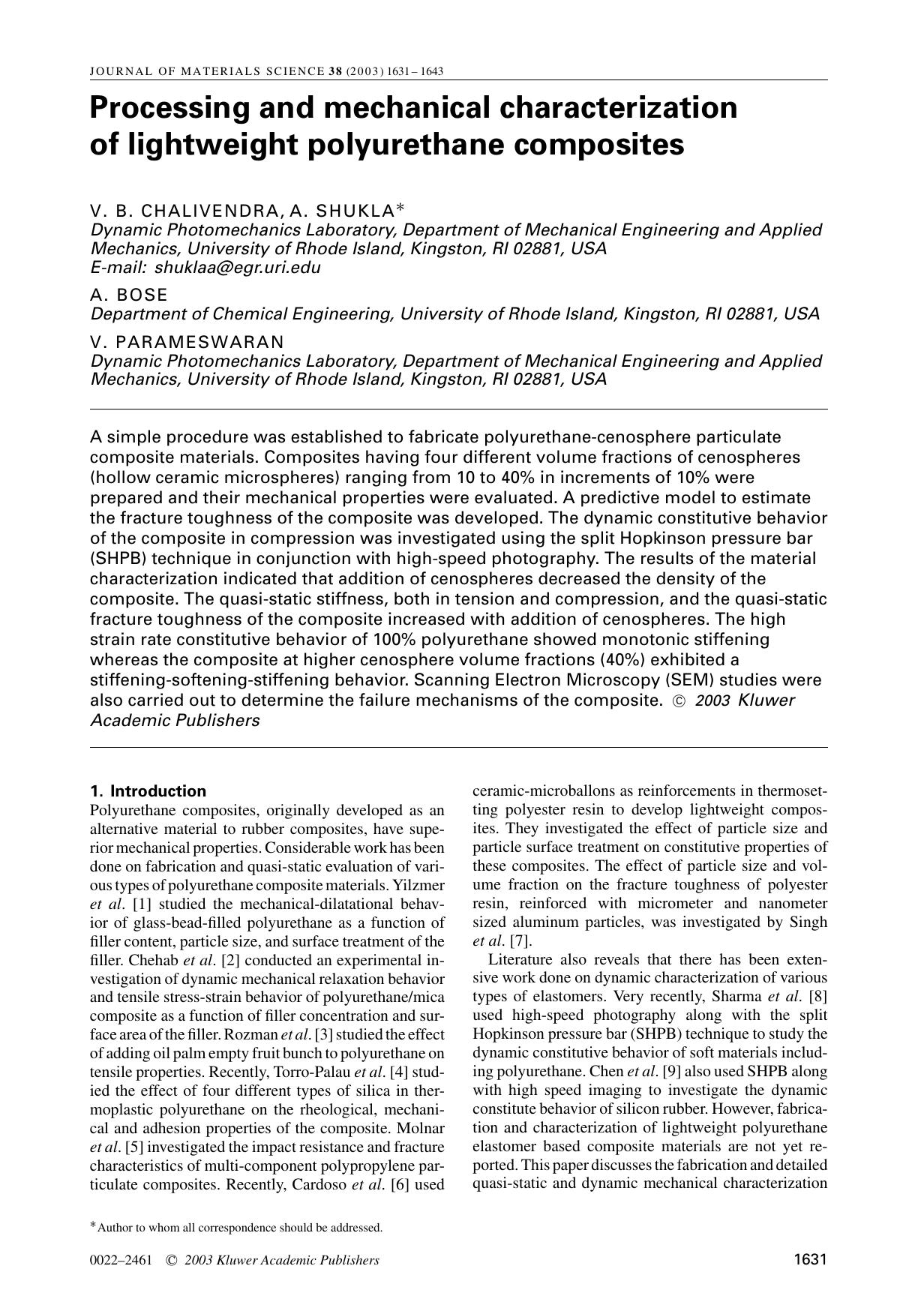 Processing and mechanical characterization of lightweight polyurethane composites by Unknown