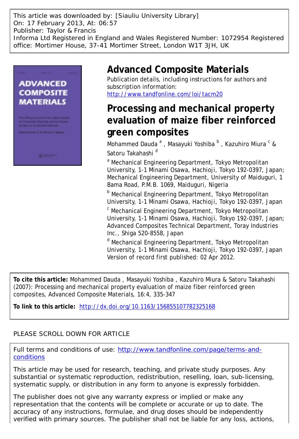 Processing and mechanical property evaluation of maize fiber reinforced green composites by Mohammed Dauda Masayuki Yoshiba Kazuhiro Miura & Satoru Takahashi