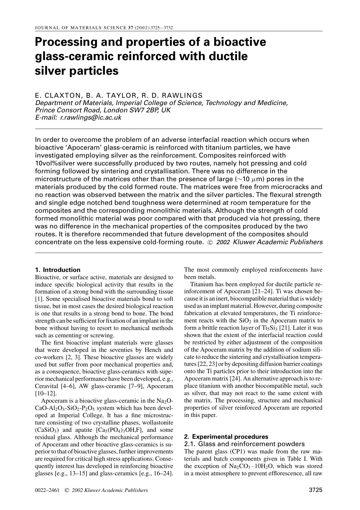 Processing and properties of a bioactive glass-ceramic reinforced with ductile silver particles by Unknown