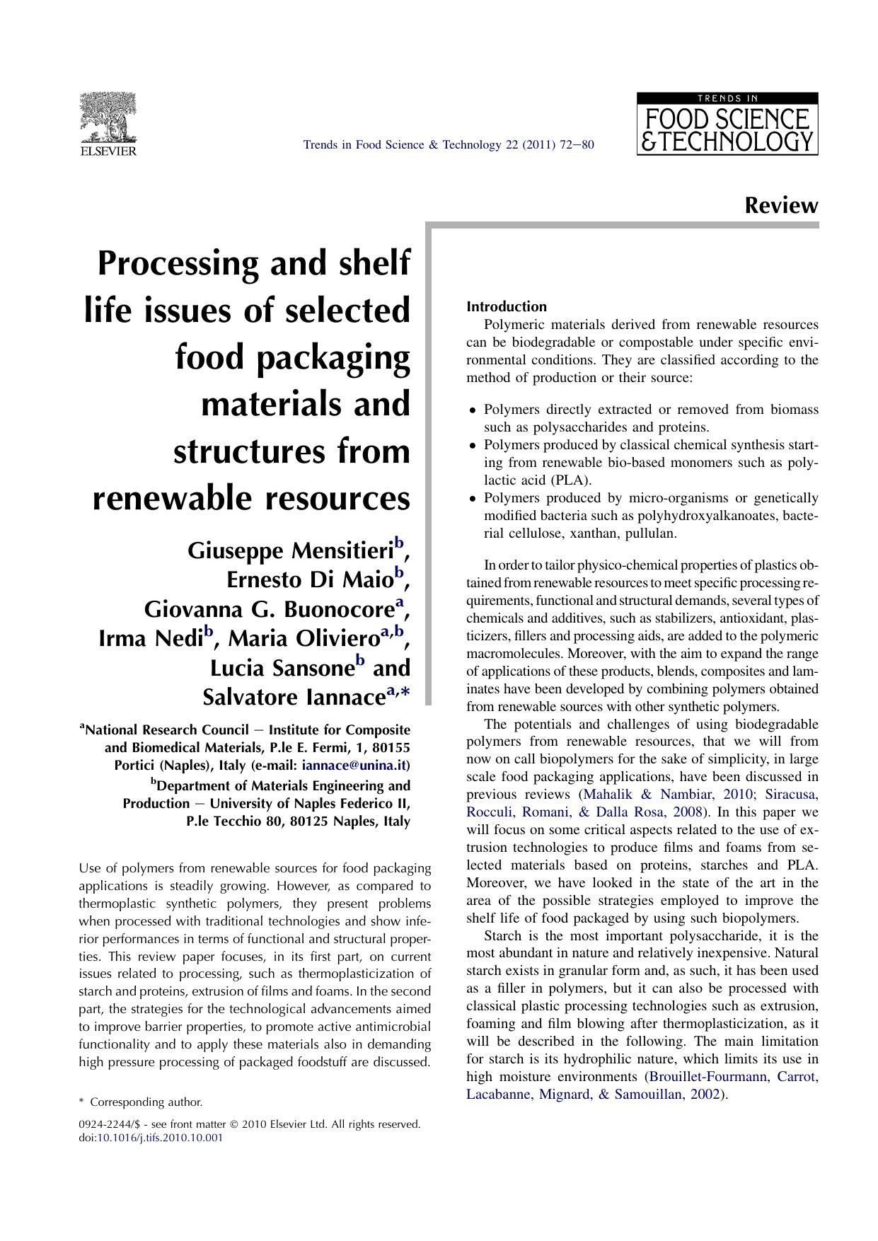 Processing and shelf life issues of selected food packaging materials and structures from renewable resources by unknow