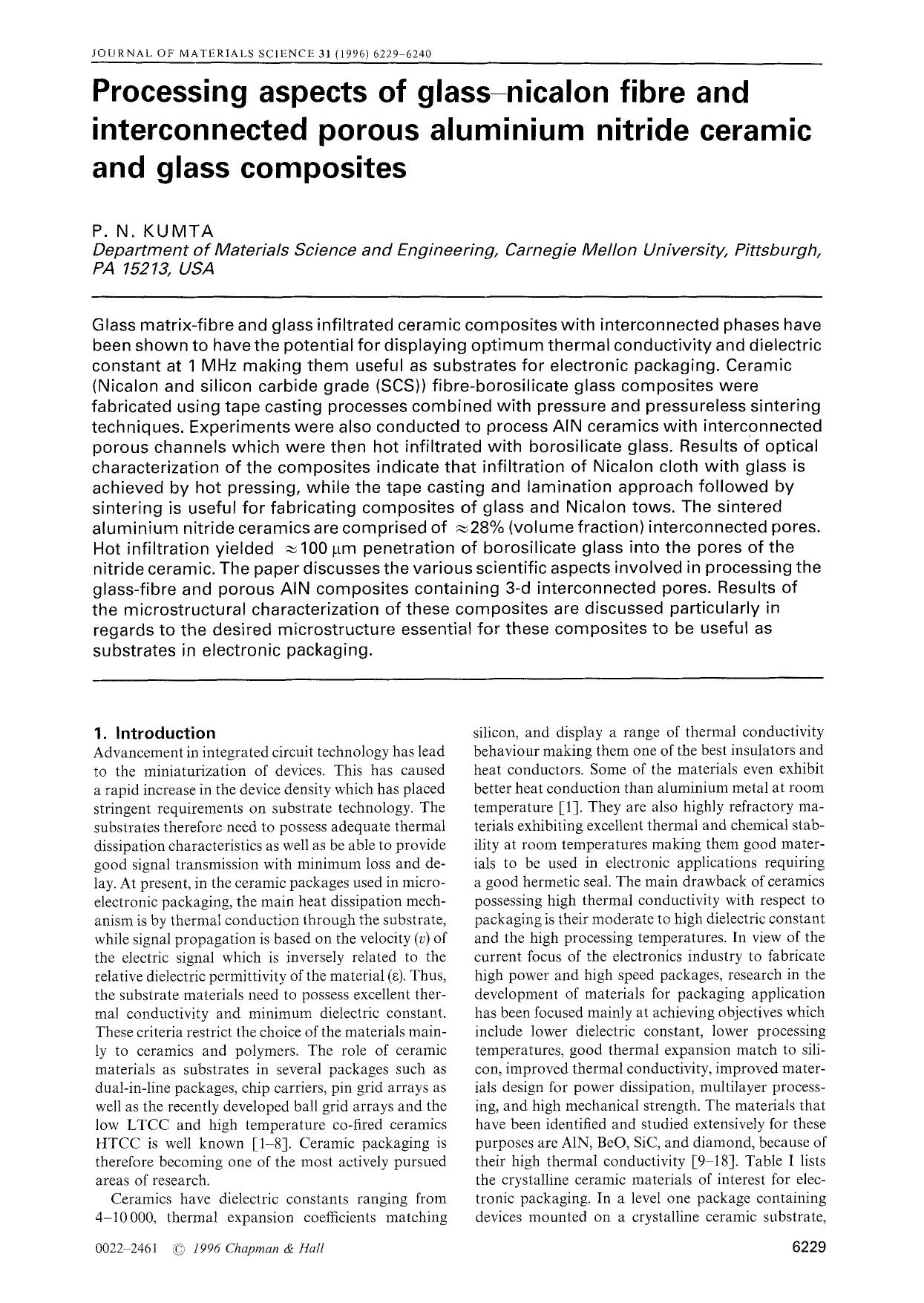 Processing aspects of glass-nicalon fibre and interconnected porous aluminium nitride ceramic and glass composites by Unknown