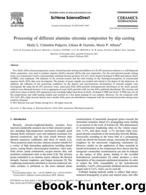 Processing of different aluminaamp#x02013;zirconia composites by slip casting by Heidy L. Calambamp#x000E1;s Pulgarin & Liliana B. Garrido & Maramp#x000ED;a P. Albano