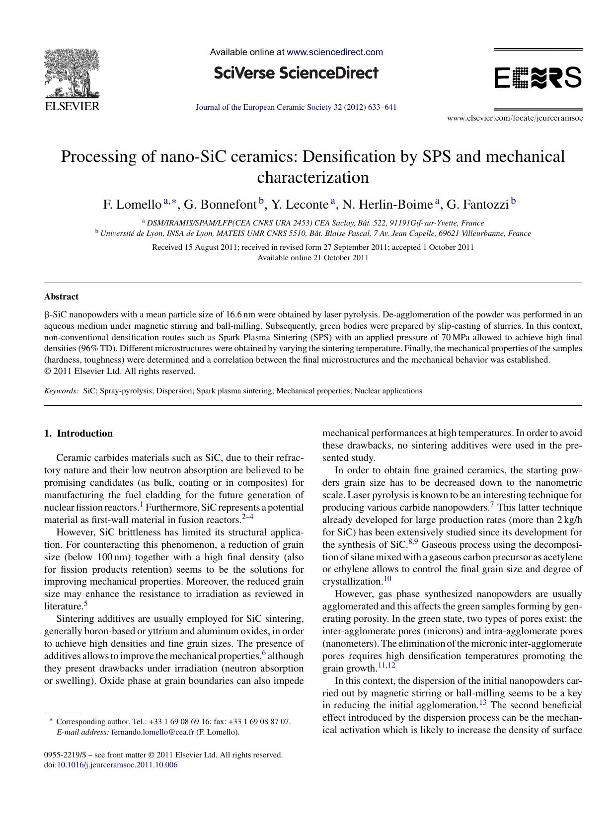 Processing of nano-SiC ceramics: Densification by SPS and mechanical characterization by F. Lomello