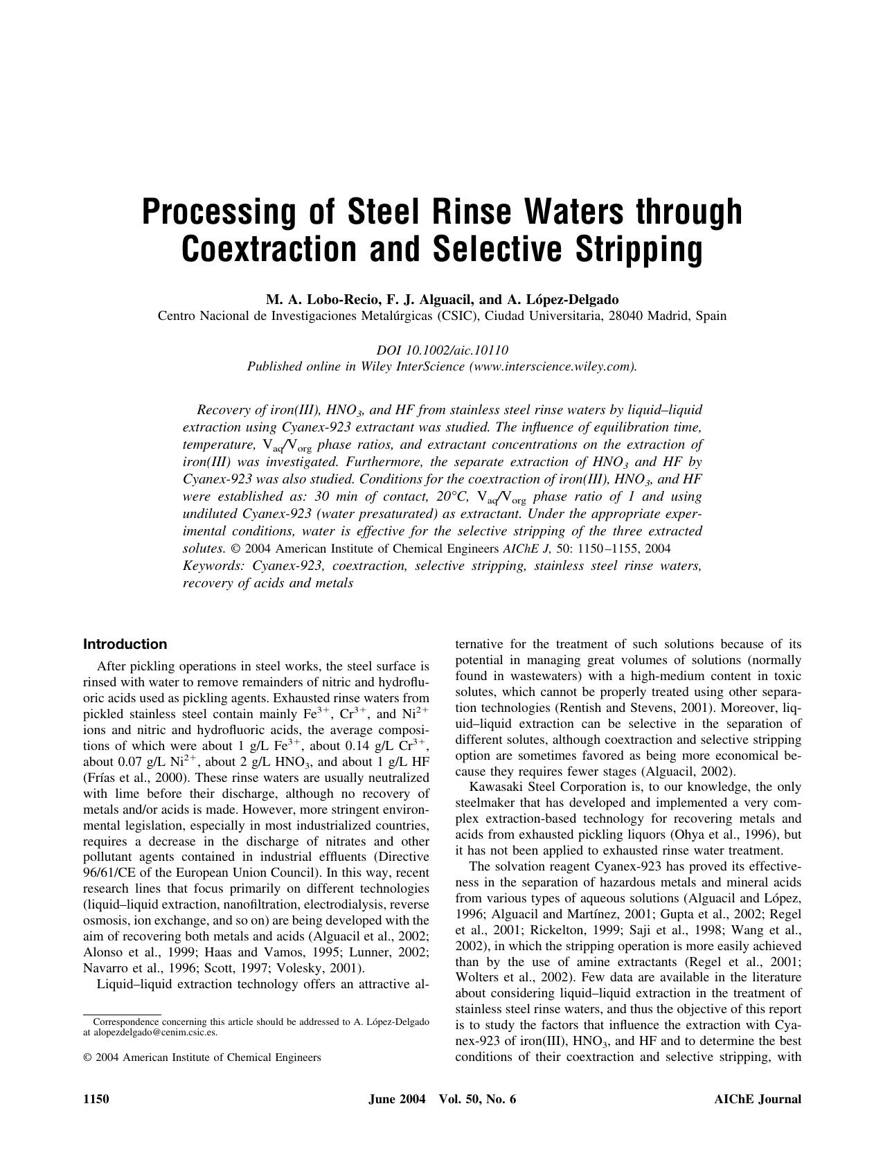 Processing of steel rinse waters through coextraction and selective stripping by Unknown