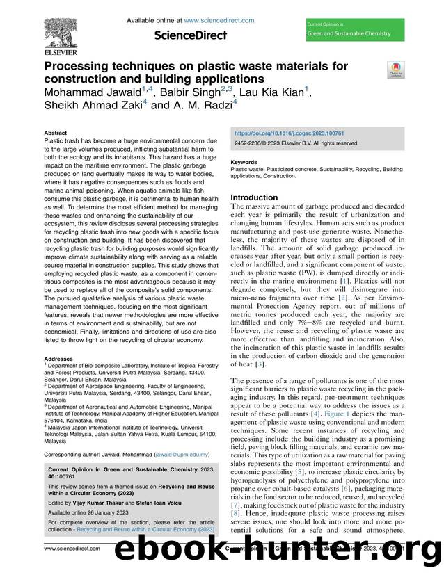 Processing techniques on plastic waste materials for construction and building applications by Mohammad Jawaid & Balbir Singh & Lau Kia Kian & Sheikh Ahmad Zaki & A.M. Radzi